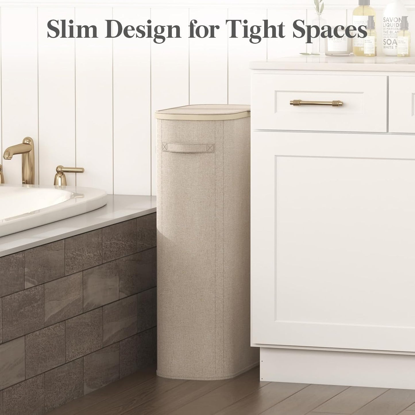 Lifewit 75L Slim Laundry Basket with Lid, Narrow Large Laundry Hamper with Plastic Handles and Removable Bag, Tall Foldable Dirty Clothes Hampers for Laundry Room, Bedroom, Bathroom, Dorm, Beige