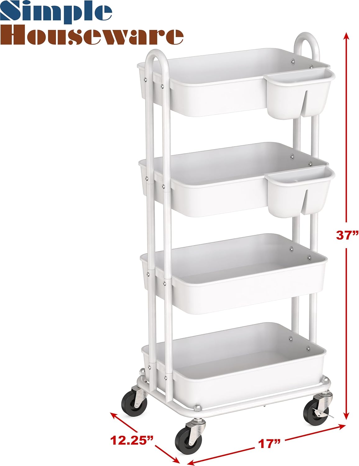 Simple Houseware 4-Tier Multifunctional Rolling Utility Cart with Hanging Buckets, White