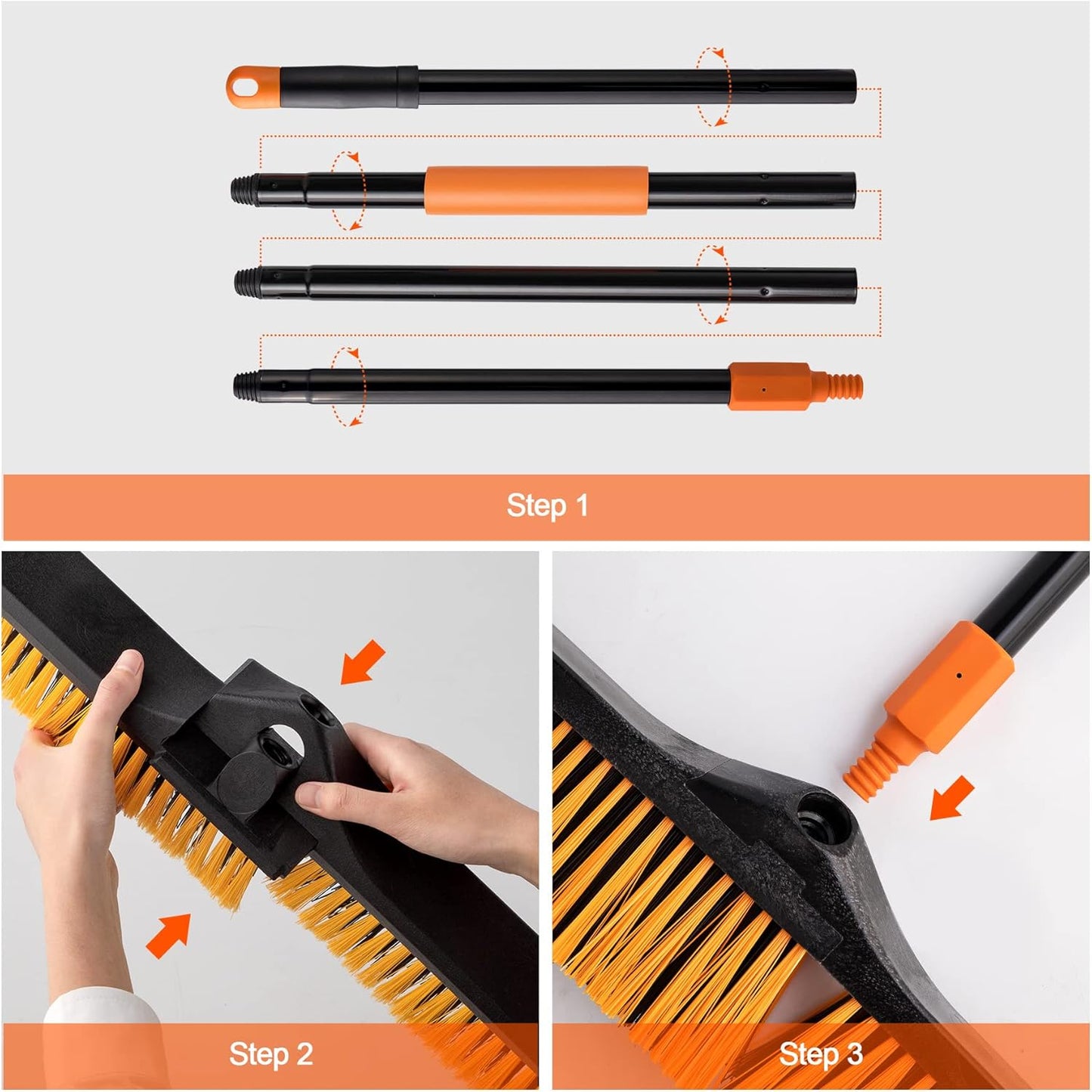 24”Push Broom Brush for Floor Cleaning with 65” Long Handle and Stiff Bristles, Heavy Duty Brush for Shop, Deck, Garage, Concrete,Indoor and Outdoor Broom 2 Set,Orange