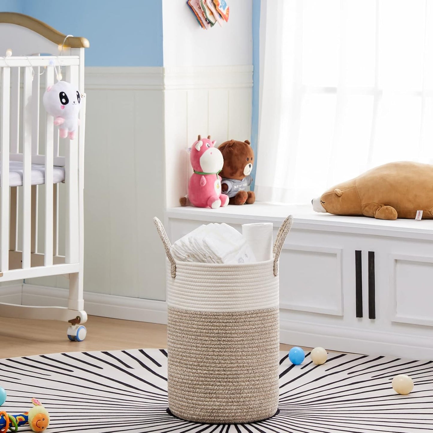 VIPOSCO Tall Laundry Hamper, Woven Rope Storage Basket for Blanket, Toys, Dirty Clothes in Living Room, Bathroom, Bedroom - 30L White & Brown