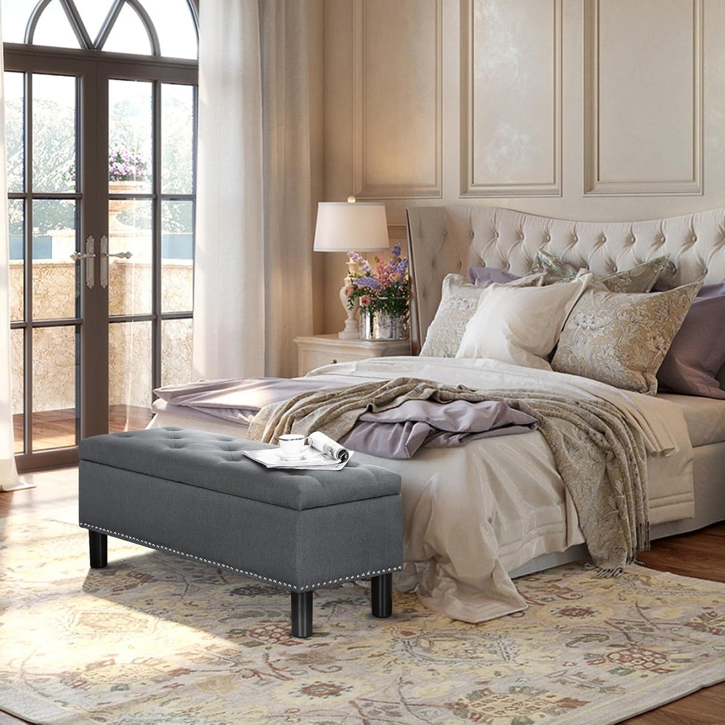 Furnimart 42.5 Inch Storage Ottoman Bench, Flip Top End of Bed Storage Bench, Upholstered Blanket Bench for Bedroom, Entryway, Living Room, Tufted Linen (Dark Grey)