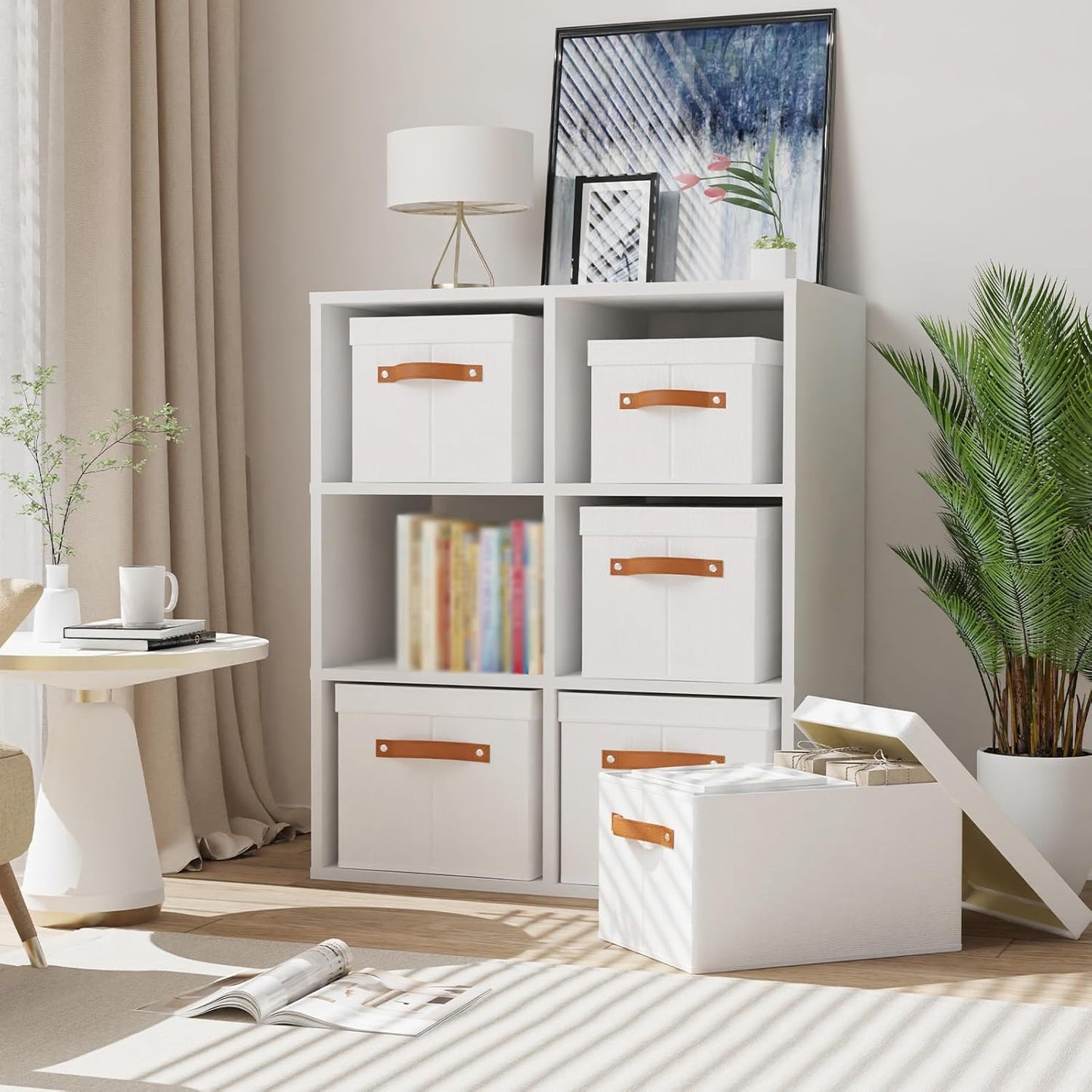 Fabric Storage Bins, Clothes Boxes for Shelves with Lids, Baskets for Organizing with Handles, Decorative Linen Closet Organizers, White, 3 Pack, 15 x 9.8 x 8.3 Inch