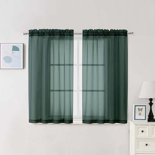 Chyhomenyc Hunter Green Sheer Curtains 45 Inch Long 2 Panels, Short Voile Drapes for Dinning Small Windows Bathroom Living Room Bedroom, Rod Pocket, 42Wx45L Inches