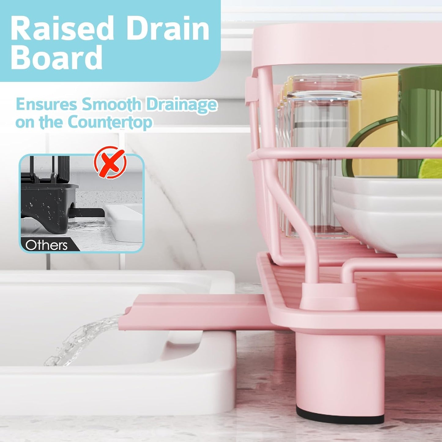 Dish Drying Rack - Space Saving Dish Rack - Dish Racks for Kitchen Counter with Drainboard,Rustproof Dish Drainer with Removable Utensil Holder,Pink