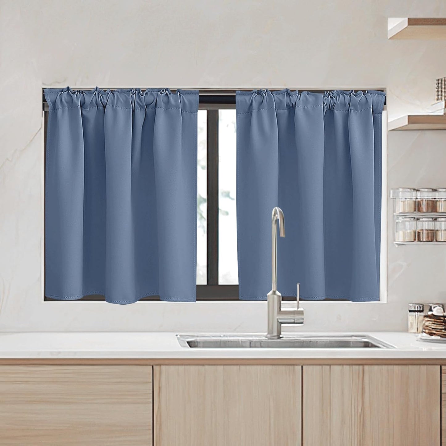 RYB HOME Small Window Curtains - Blackout Insualting Privacy Curtains for Kids Bedroom Kitchen Bathroom Basement Cafe Cabinet Tiers Drapes, 34 Width x 30 Length, 2 Panels, Stone Blue