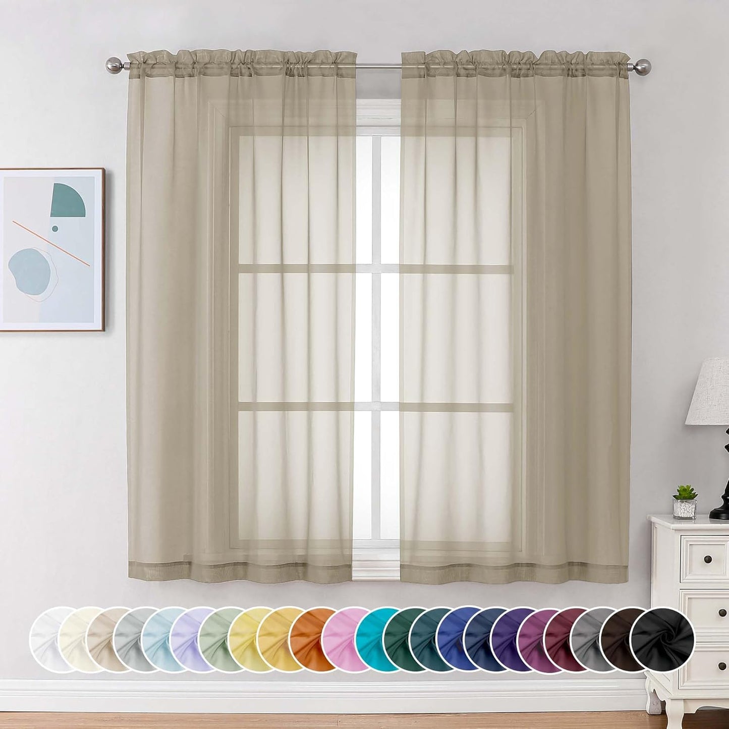 Chyhomenyc Taupe Sheer Curtains 63 Inch Length 2 Panels, Light Filtering Airy Rod Pocket Window Curtain Treatment Drapes for Bedroom Living, Each 42Wx63L Inches