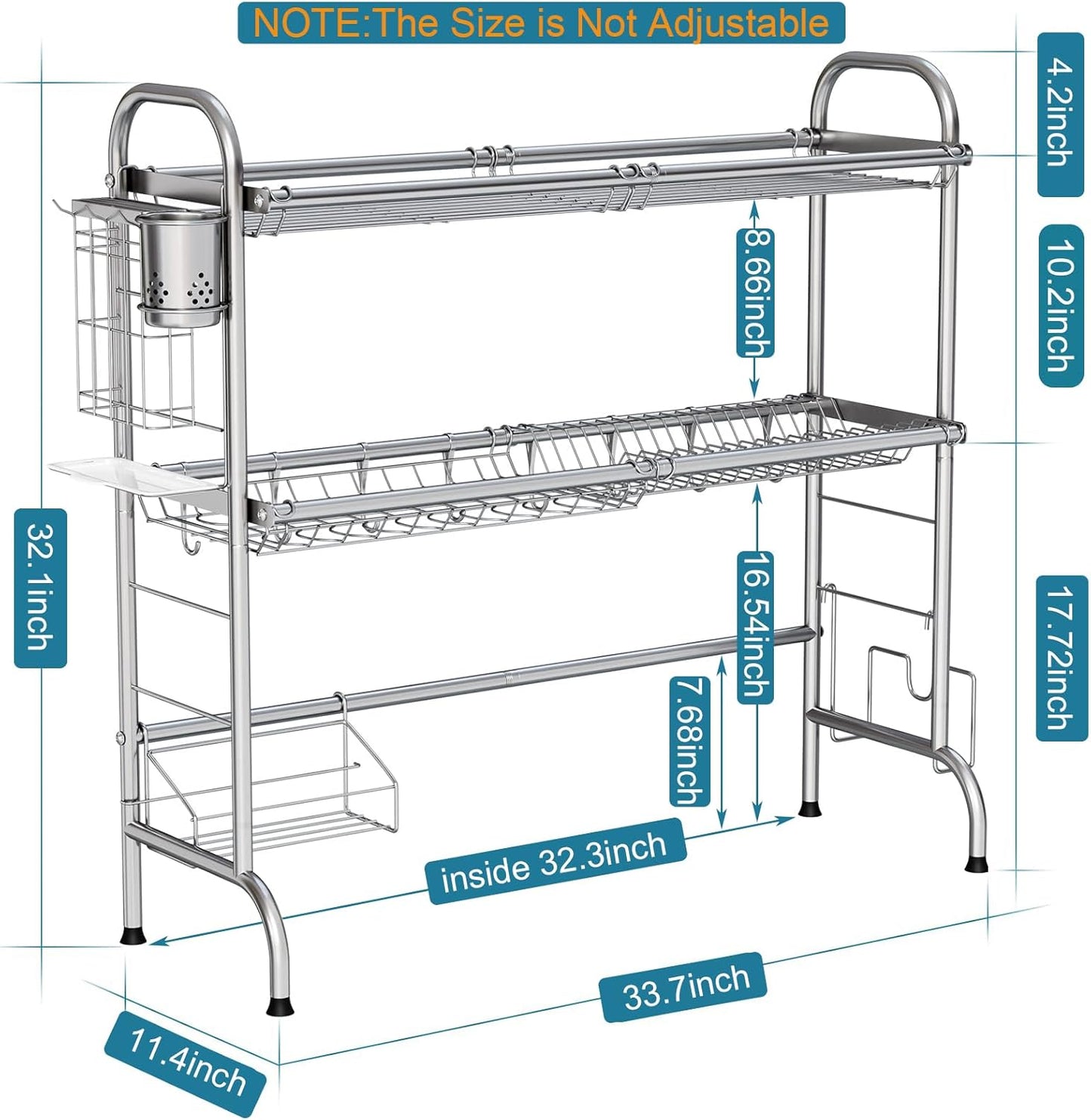 HOWDIA Stainless Steel 2-Tier Over The Sink Dish Drying Rack with Utensil Holder, Large, for Kitchen Counter