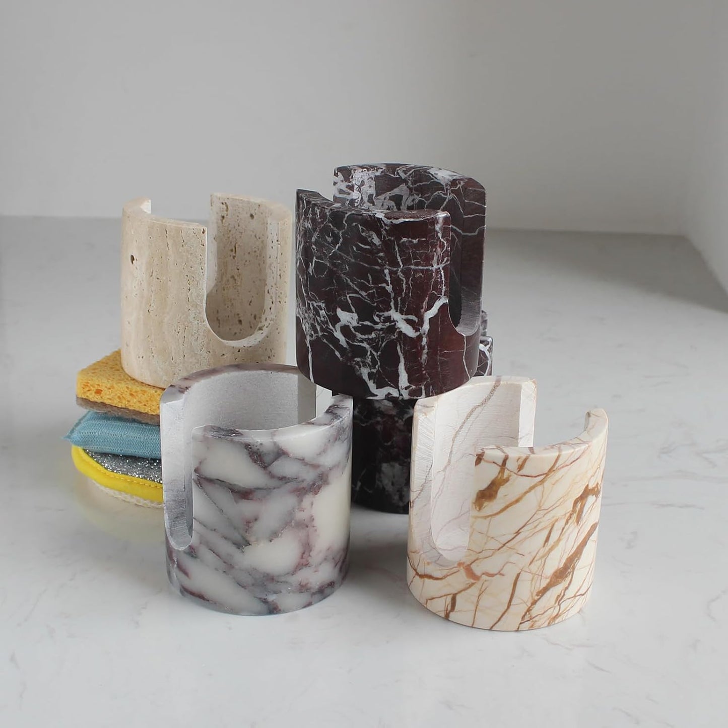 Natural Travertine Sponge Holder for Kitchen Sink, Drying Rack, Compact Sink Caddy Organizer (Rosso Levanto Marble)