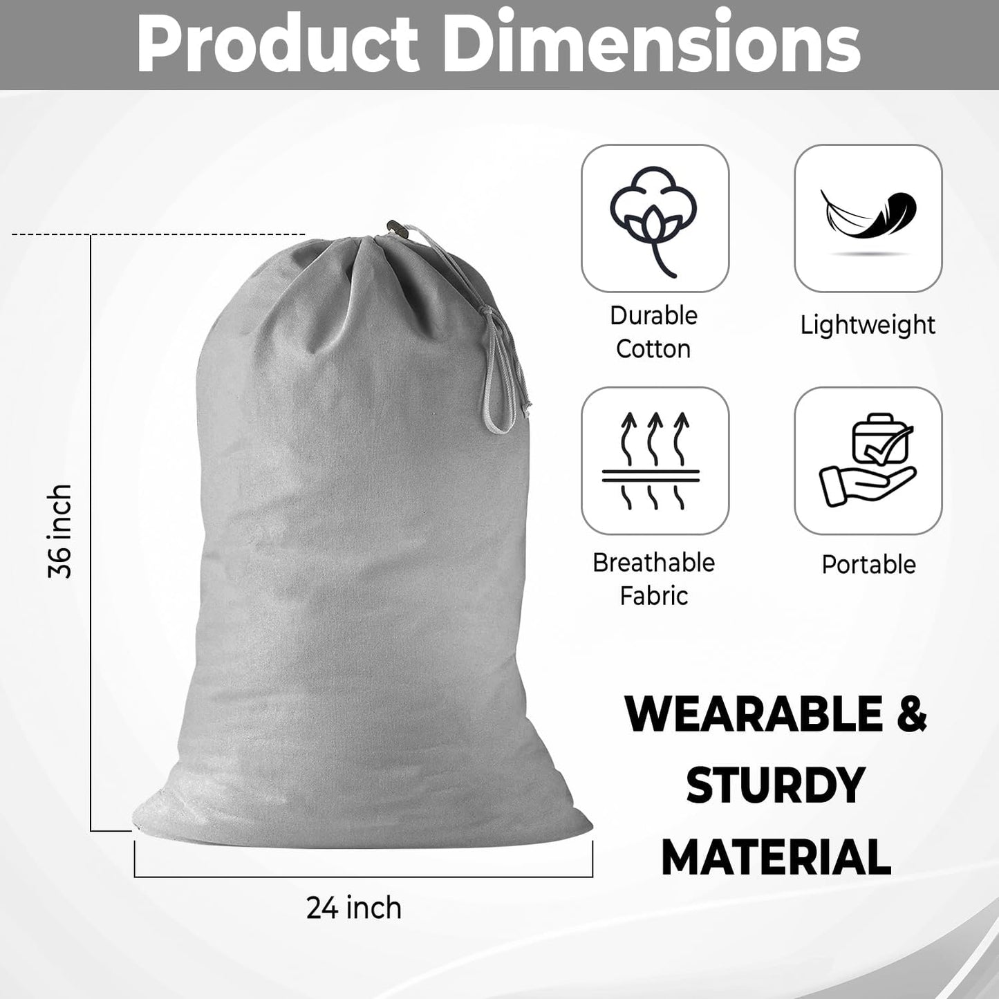 2 Pack - Extra Large Cotton Laundry Bag, Heavy Duty Large Laundry Bags 24 x 36 inch XL Drawstring Travel Organizer Bag Fit Hamper Basket Camp (Light Gret, Pack of 2)