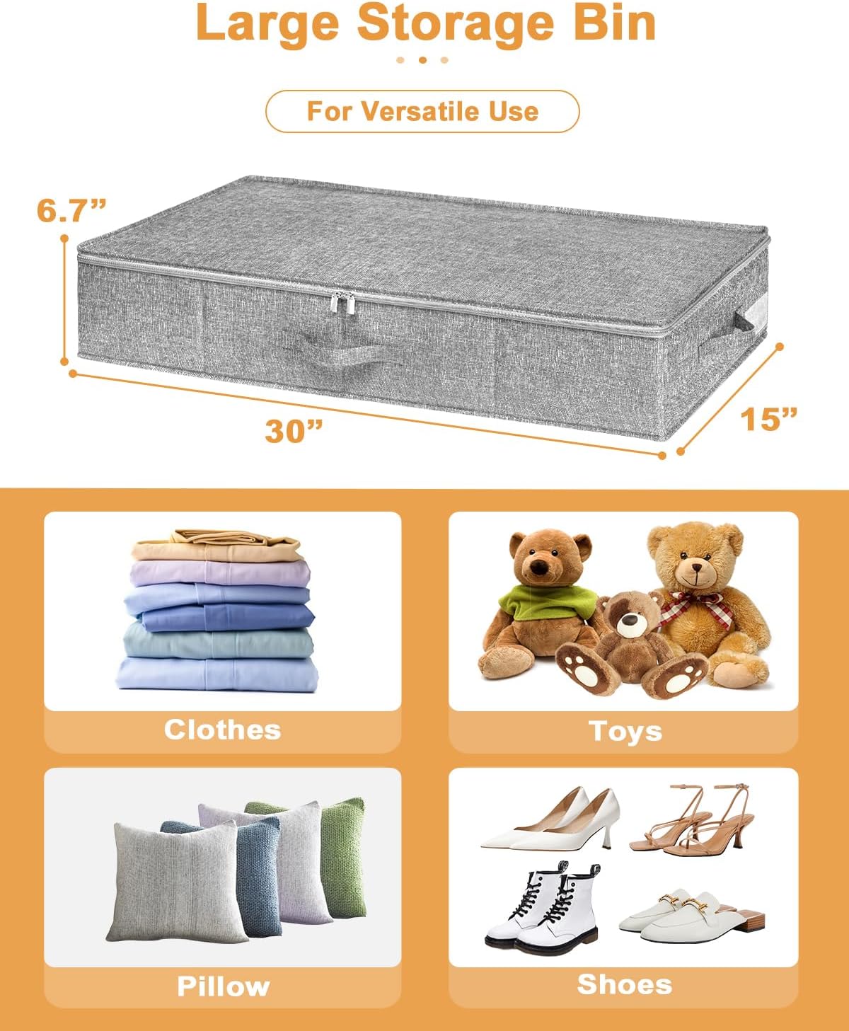 punemi Under Bed Storage, 3 Pack Underbed Storage Container Bags With Lid, Foldable Sturdy Clothes Storage Drawer Organizer W/ 3 Handles, Ultra Thick Fabric Blanket Shoe Storage Box, Grey