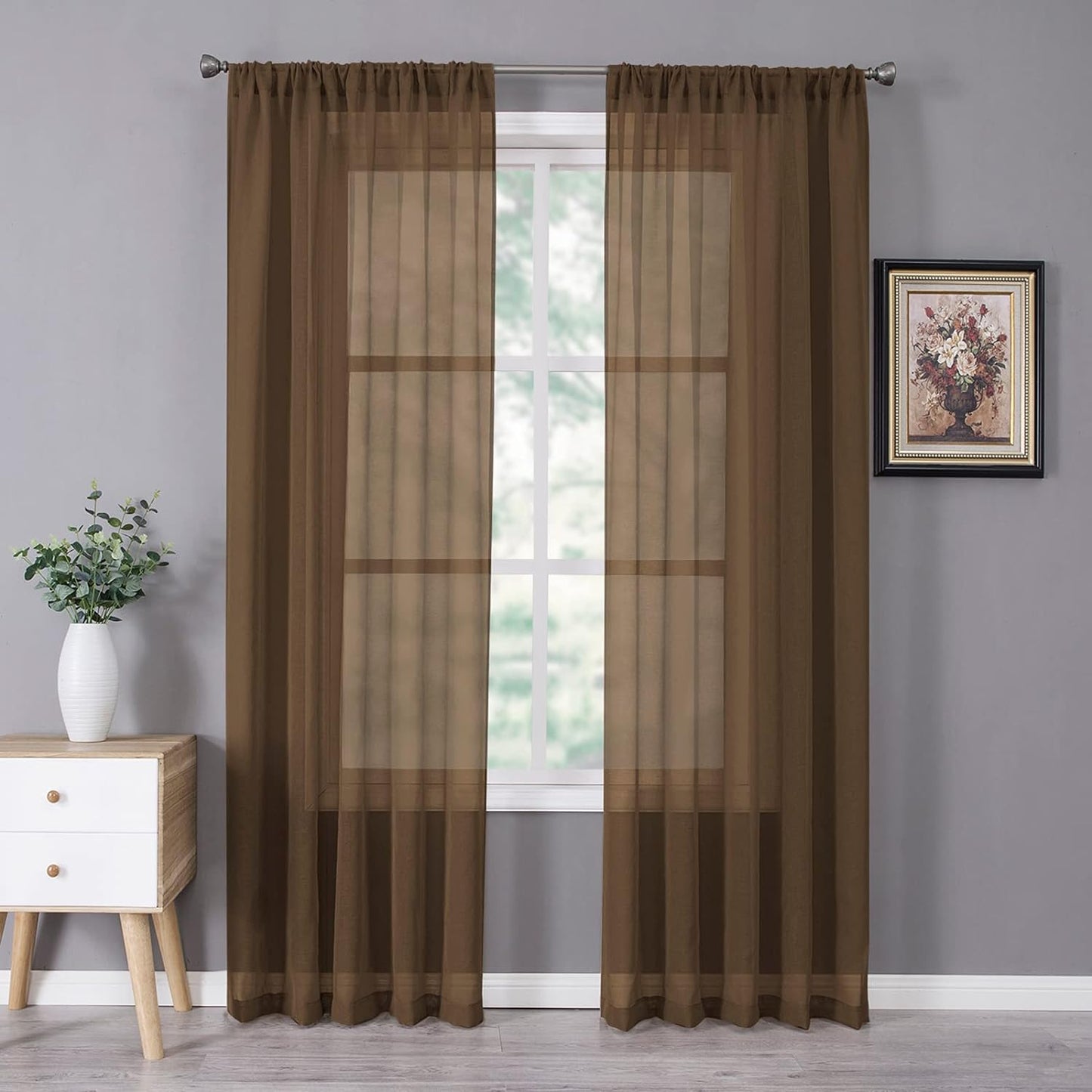 Tollpiz Sheer Curtains Linen Textured Bedroom Curtain Sheers Light Filtering Rod Pocket Voile Curtains for Living Room, 54 x 84 inches Long, Brown, Set of 2 Panels