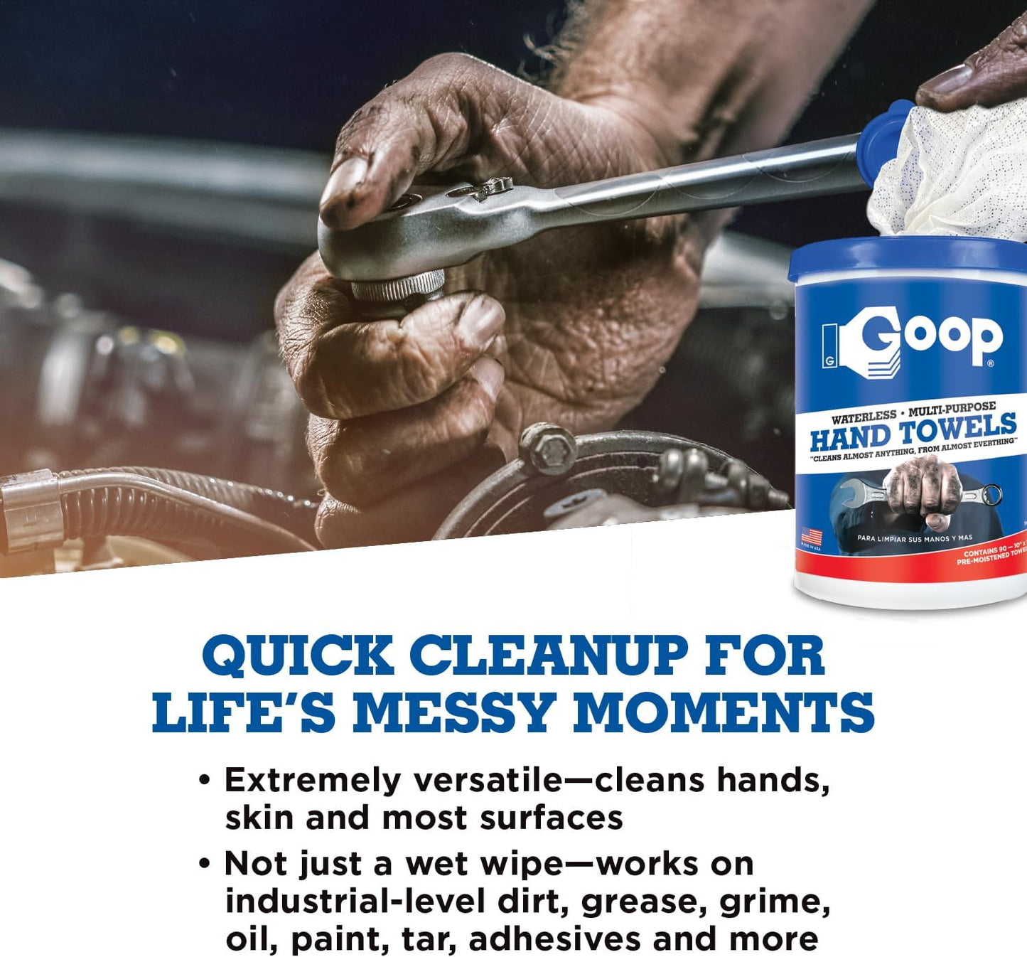 GOOP Multi-Purpose Waterless Hand Cleaner Towels - 90, 10" x 12" Towels (Pack of 2)