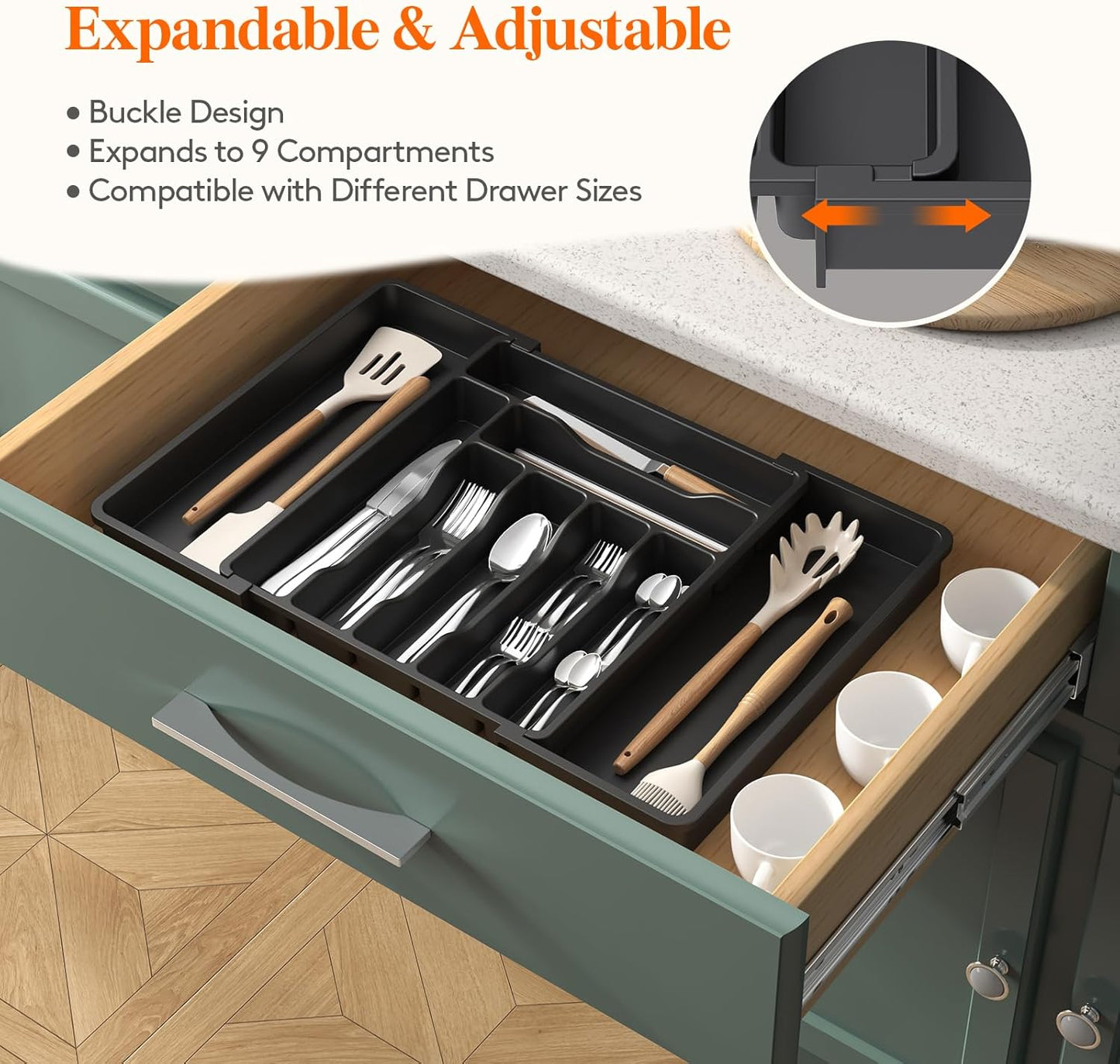 Lifewit Silverware Drawer Organizer, Expandable Utensil Organizer for Kitchen Drawers, Adjustable Cutlery and Flatware Tray, Plastic Spoons Forks Knives Holder Storage Dividers, Large, Black