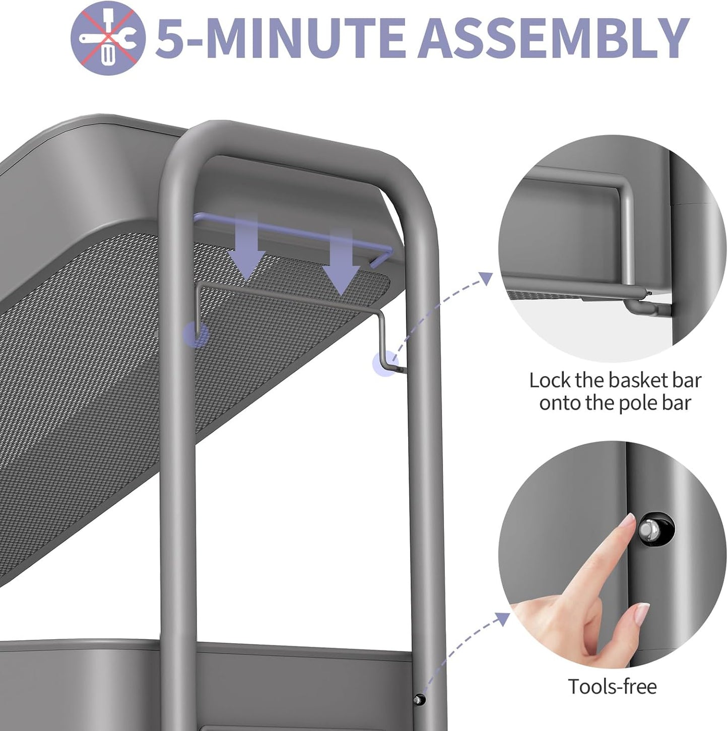 TOOLF 3 Tier Rolling Cart Storage Organizer, Metal Rolling Utility Cart with Wheels, Hooks & Bins Esthetician Craft Art Sturdy Storage with Pegboard for Bathroom, Kitchen, Office, Nursery Diaper