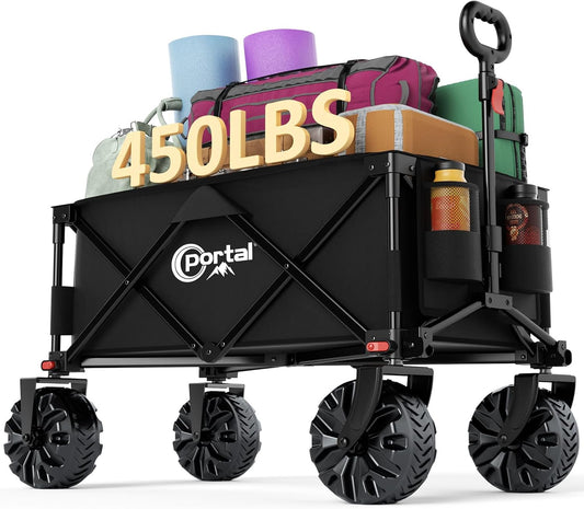 PORTAL Collapsible Folding Utility Beach Wagon Carts Heavy Duty with All Terrain Wheels for Outdoor, Camping, Garden, Shopping, Groceries, Foldable, Large Capacity, Portable, Black