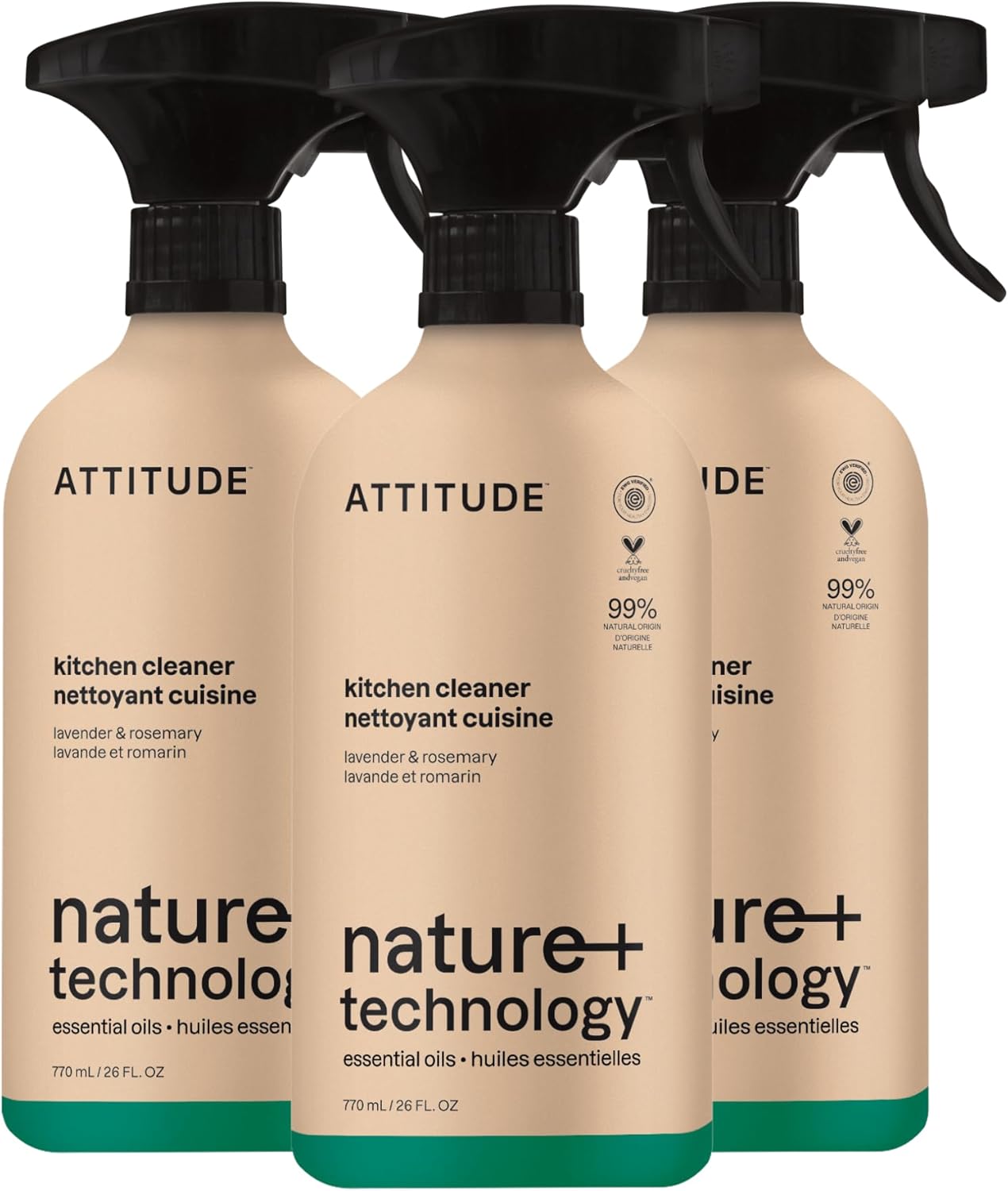 ATTITUDE Kitchen Cleaner Spray, Natural Origin Ingredients, EWG Verified, Cleans and Degreases, Streak-Less, Lavender & Rosemary, 26 Fl Oz (Pack of 3)