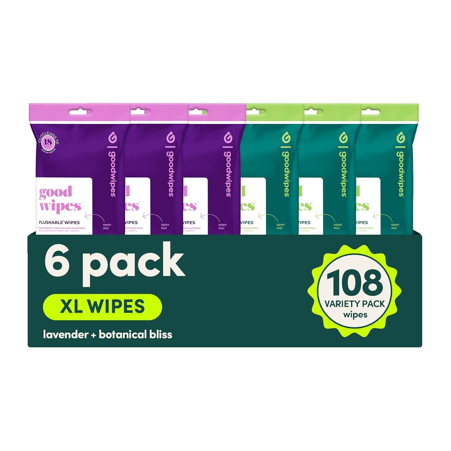 goodwipes Flushable Wipes Travel Size - Extra Large Adult Wet Wipe - On-the-Go Portable Wipes - Sewer & Septic Safe - Hygiene Essentials - Botanical Bliss & Lavender, 108 Count (6 Packs)