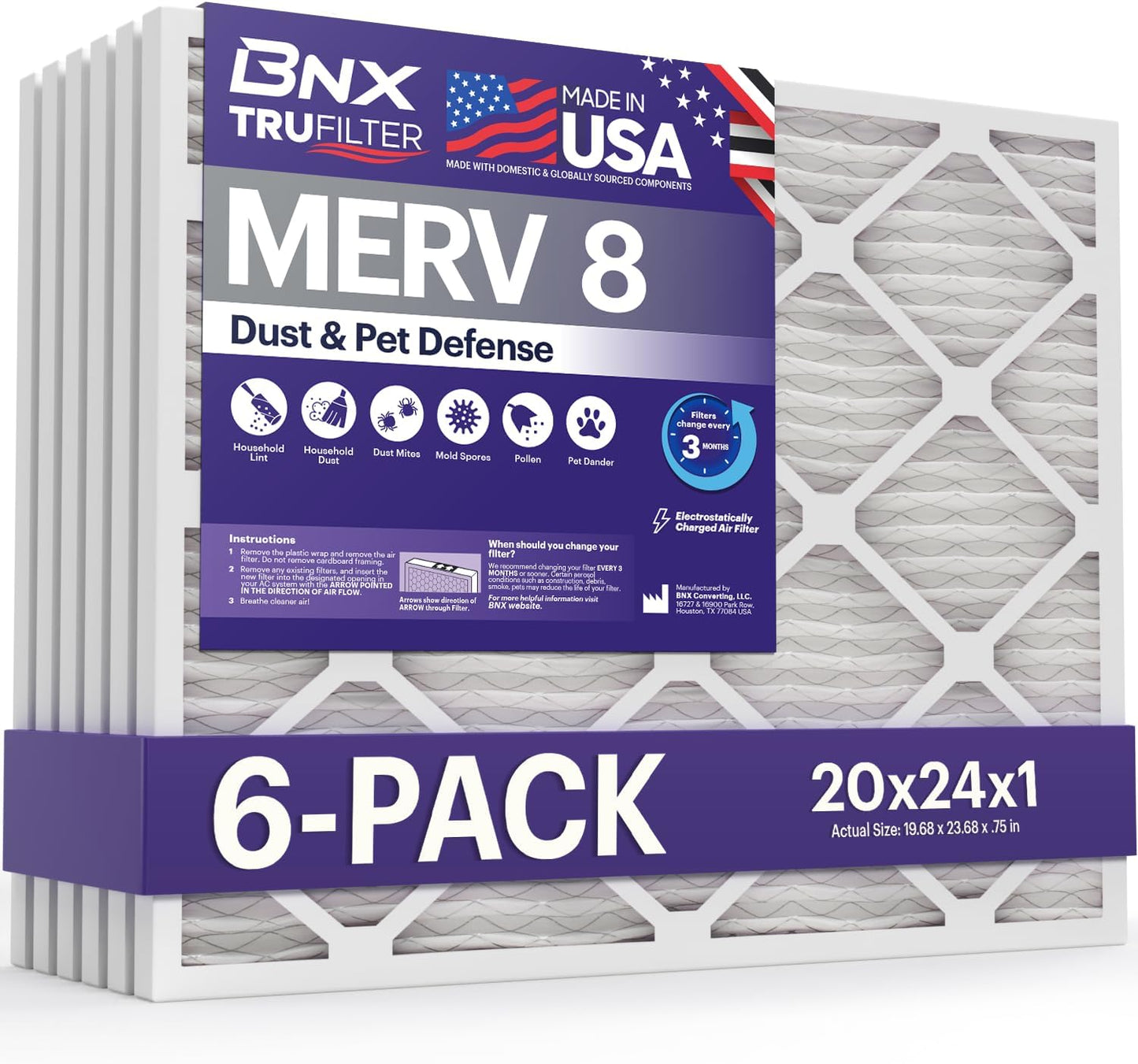 BNX TruFilter 20x24x1 Air Filter MERV 8 (6-Pack) - MADE IN USA – Dust & Pet Defense Electrostatic Pleated Air Conditioner HVAC AC Furnace Filters for Dust, Pet, Mold, Pollen MPR 600 – 700 & FPR 5