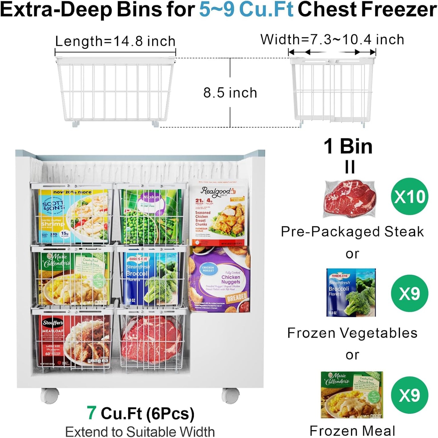iSPECLE Freezer Organizer Bins - 5 Pack Adjustable & Extra Large Chest Freezer Organizer Bins for 5 to 9 Cu.Ft Deep Freezer, Easy Organize Basket Store More, Stackable No Wasted Space, White