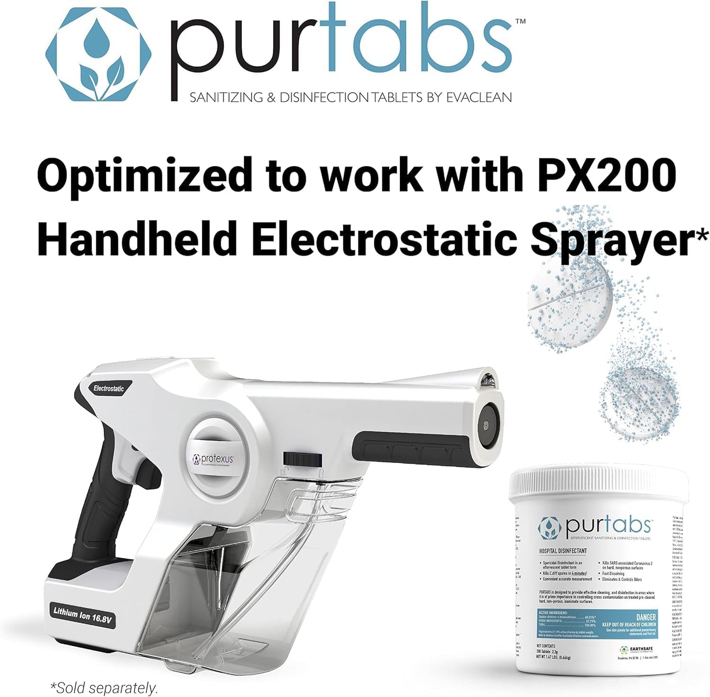 3.3 gram Sporicidal NaDCC Tablet Disinfectant - Multipurpose, Concentrated Dissolving Tabs for Bulk Solution, Use with Protexus Handheld Electrostatic Sprayer