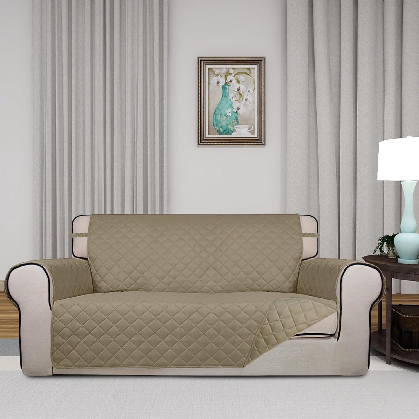 PureFit Reversible Quilted Sofa Cover, Water Resistant Slipcover Furniture Protector, Washable Couch Cover with Non Slip and Elastic Straps for Kids, Dogs, Pets (Oversized Loveseat, Beige/Beige)