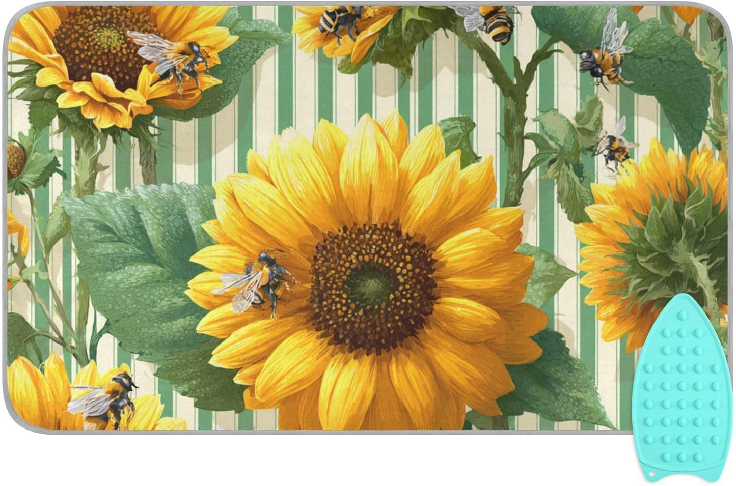 Green Striped Sunflowers and Bees Ironing Mat for Table top Portable Ironing Pad Blanket for Washer Dryer Countertop Travel