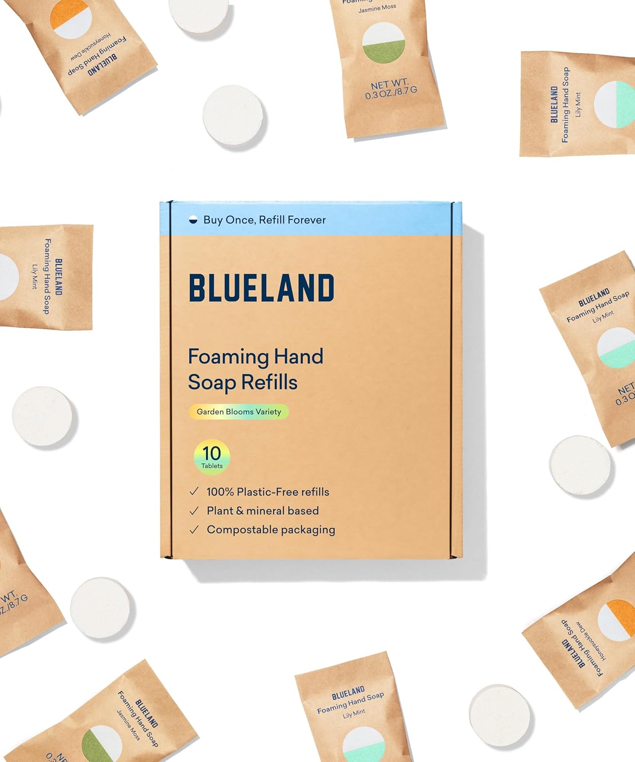 BLUELAND Foaming Hand Soap Refill Tablets, 10-Pack, Garden Blooms Variety Scents, Eco Friendly Cleaning Products, 10 x 9 Fl oz