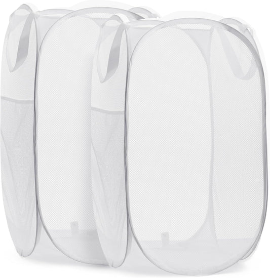 Handy Laundry Collapsible Mesh Pop Up Hamper with Wide Opening and Side Pocket - Breathable, Sturdy, Foldable, and Space-Saving Design for Clothes and Storage (White | 2-Pack)