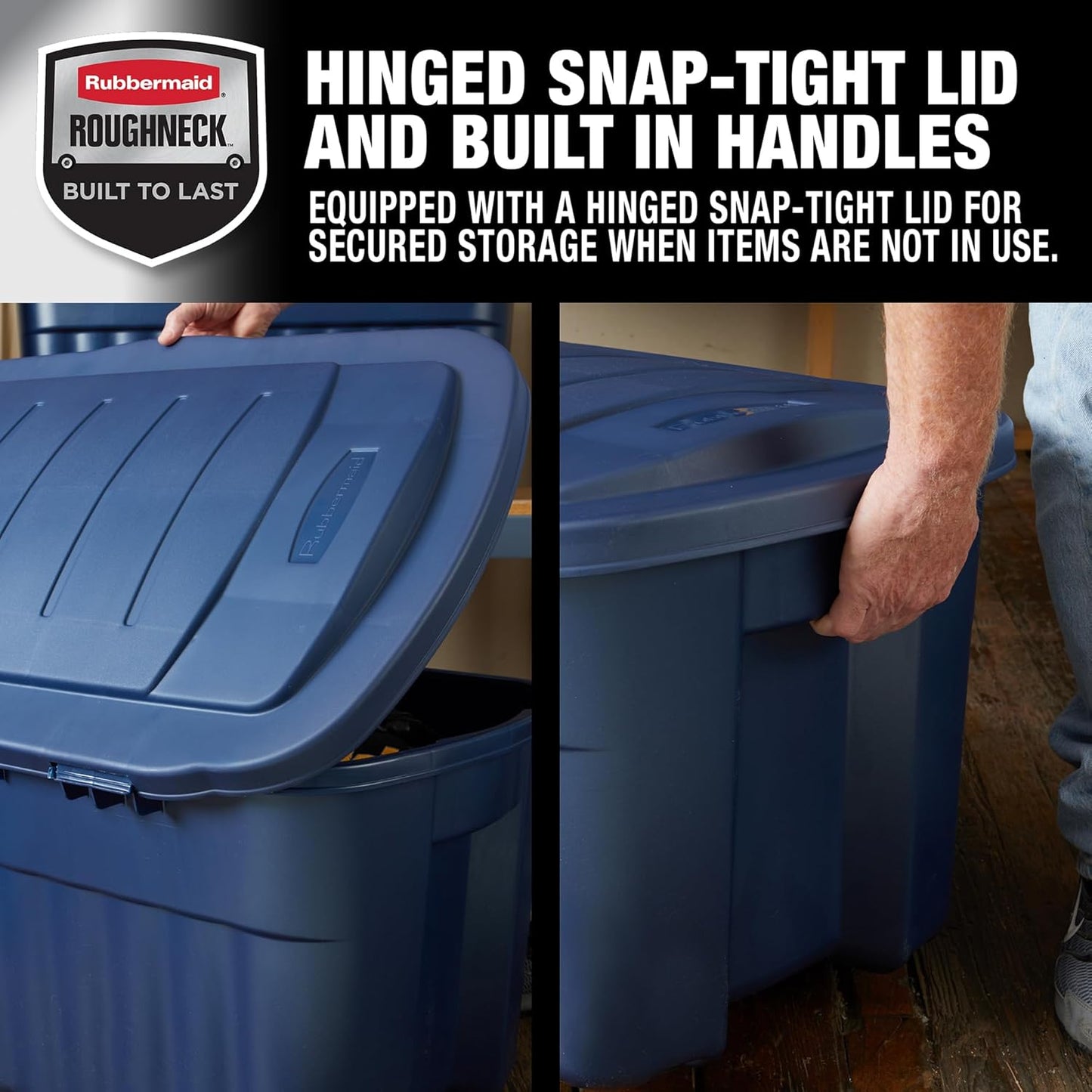Rubbermaid Roughneck Tote 40 Gal, 2 Pack, Made in USA, Dark Indigo Metallic, Rugged Plastic Stackable Storage Bins with Lids and Handles