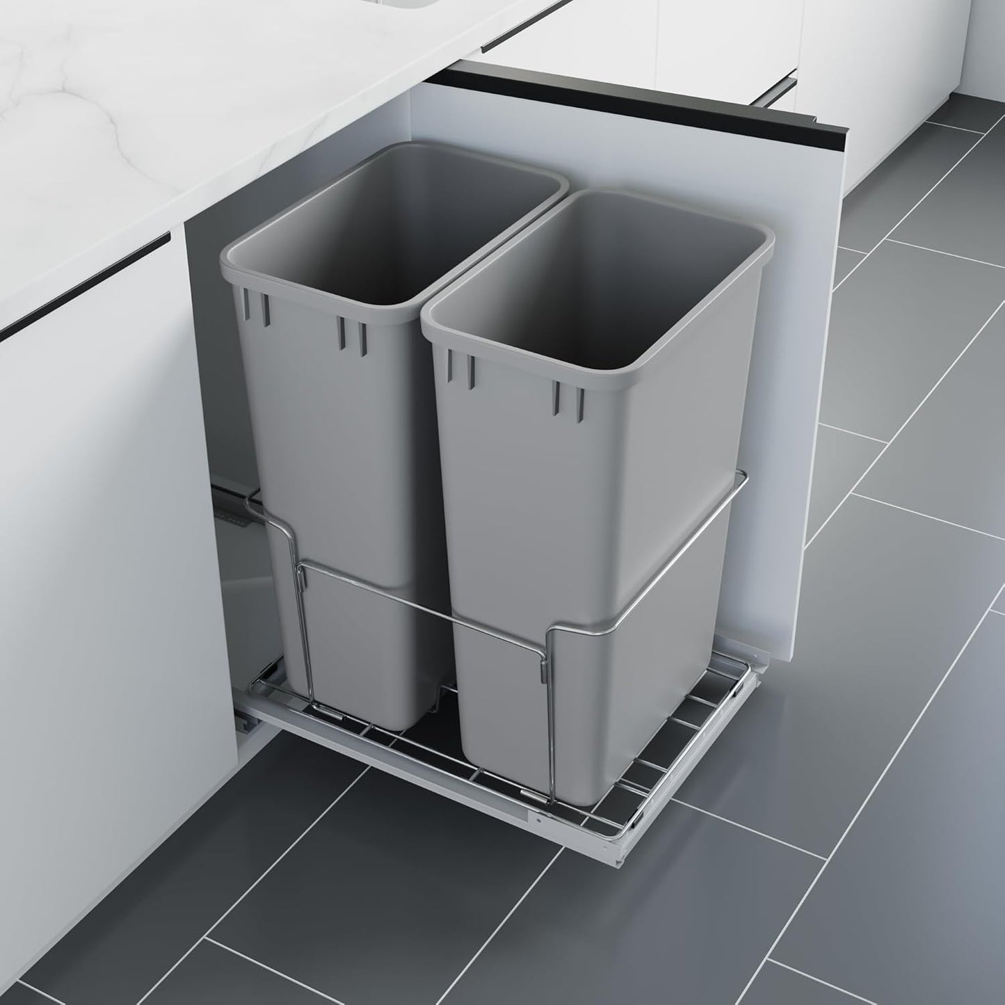 Dowell B18 Aluminum Base Wastebasket Pullout with Door Mount and Two 50Qt/13Gal Plastic Bins (4012 0218+50x2)