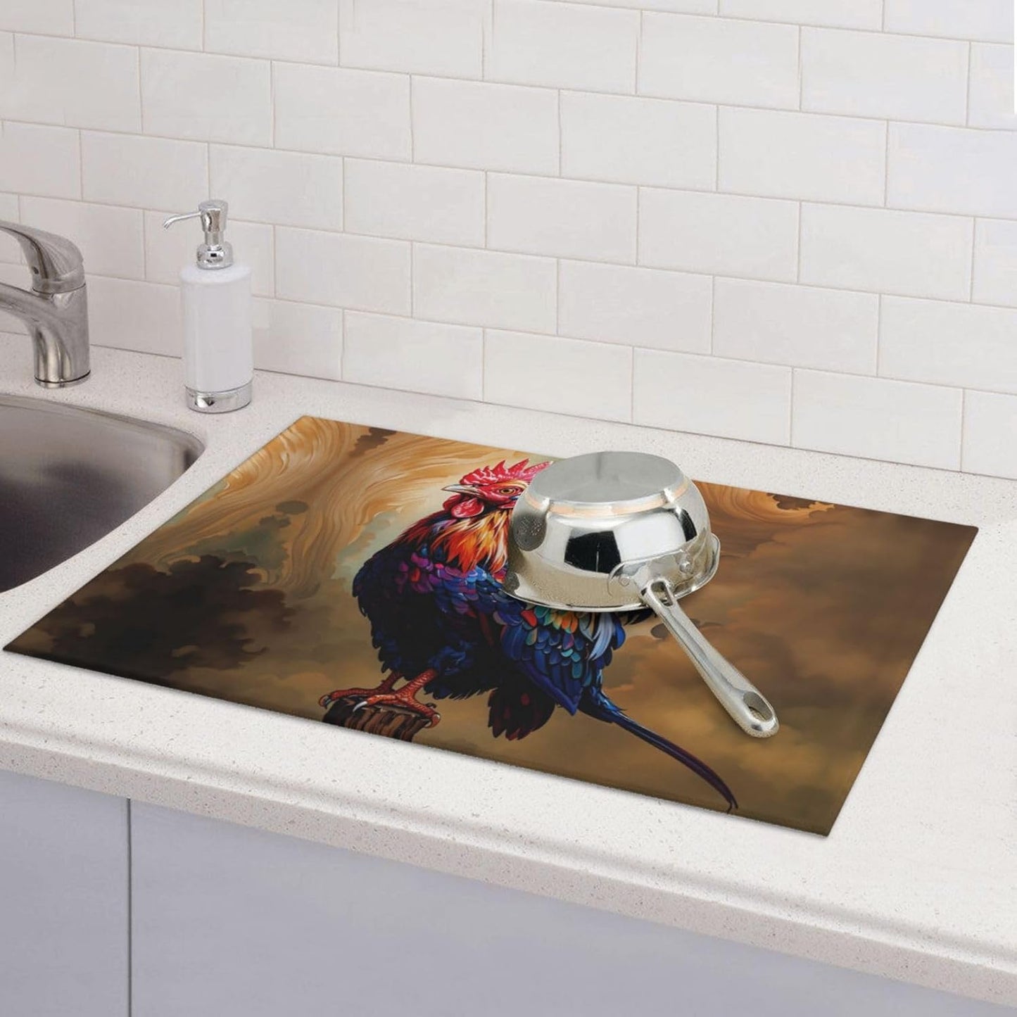 Rooster Dish Drying Mat Highly Absorbent Double-Sided Microfiber with Hanging Loop Reversible Drain Dish Rack Mat Drain Mat Suitable for Kitchen Countertop Coffee Bar 18 x 24 Inch