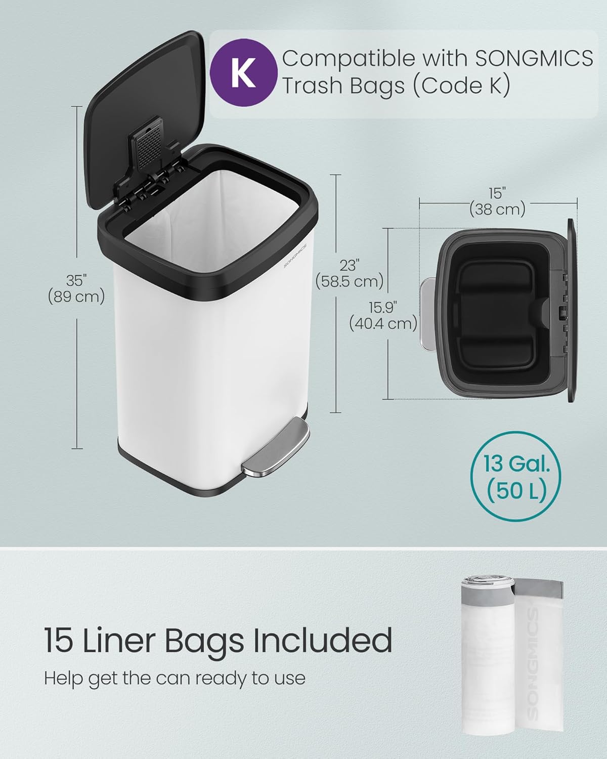 SONGMICS Kitchen Trash Can, 13 Gallon (50 L) Stainless Steel Garbage Can, with Stay-Open Lid and Step-on Pedal, Soft Closure, Tall, Large and Space-Saving, White and Black ULTB530W50