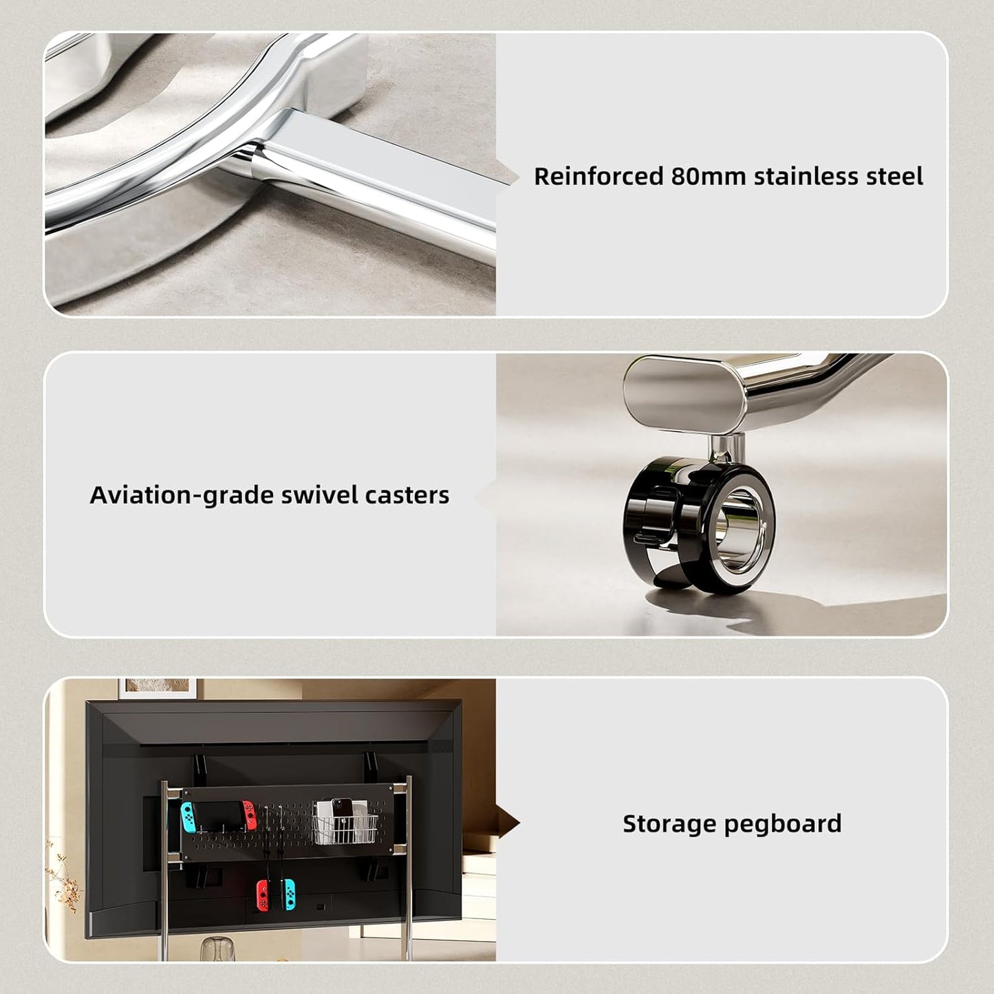 Stainless Steel Art Rolling TV Cart, Mobile TV Stand for 65-110inch TVs, Heavy Duty TV Stand with Wood Shelf&Large Storage Pegboard 220 lb. Load Capacity, Max VESA 1200x600mm (Style 1)