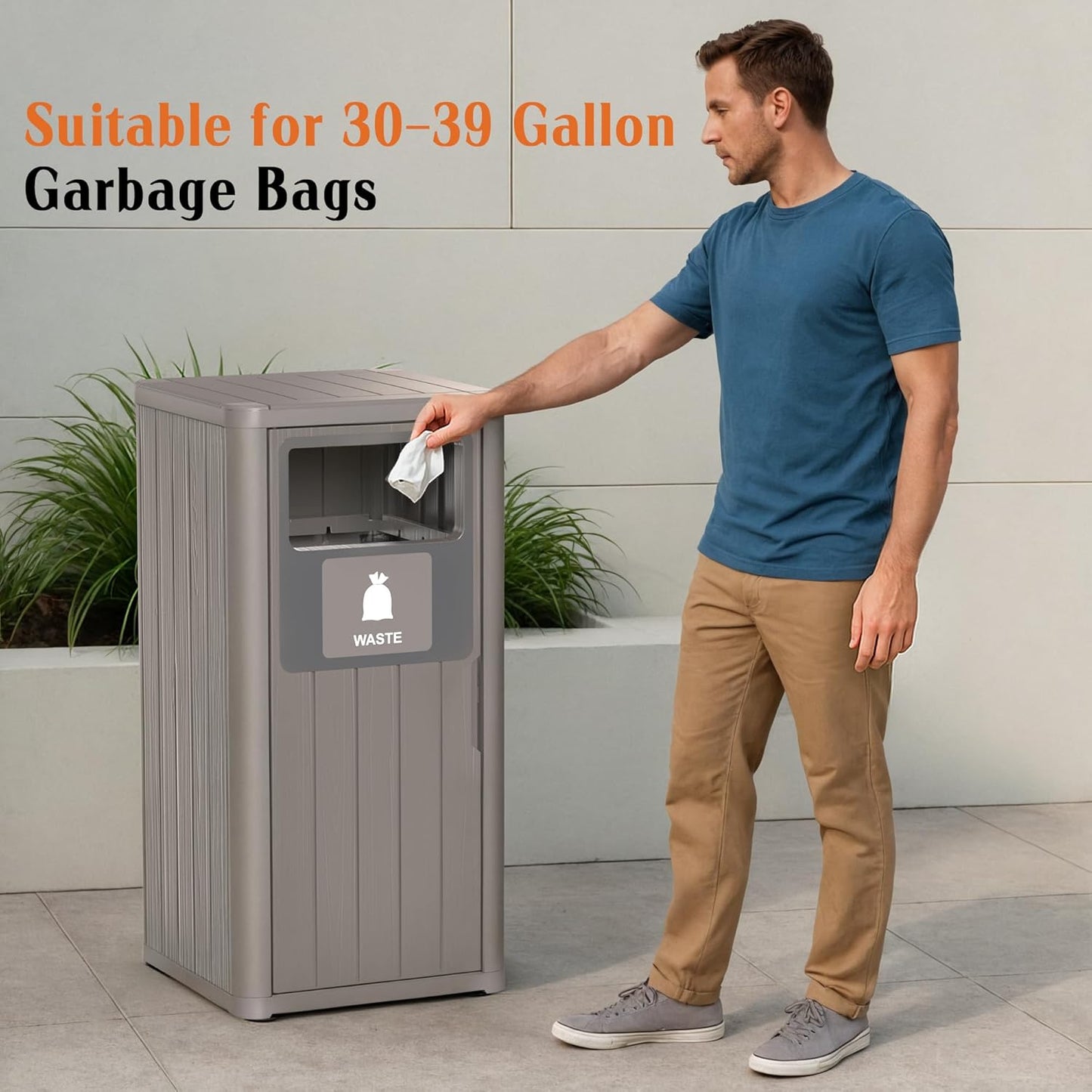 Outdoor Single Barrel Trash Can,Waterproof Resin Garbage Can with Garbage Labels,Durable Waste Bin for Porch, Backyard,Kitchen,for 30 to 39 Gallon Trash Bags