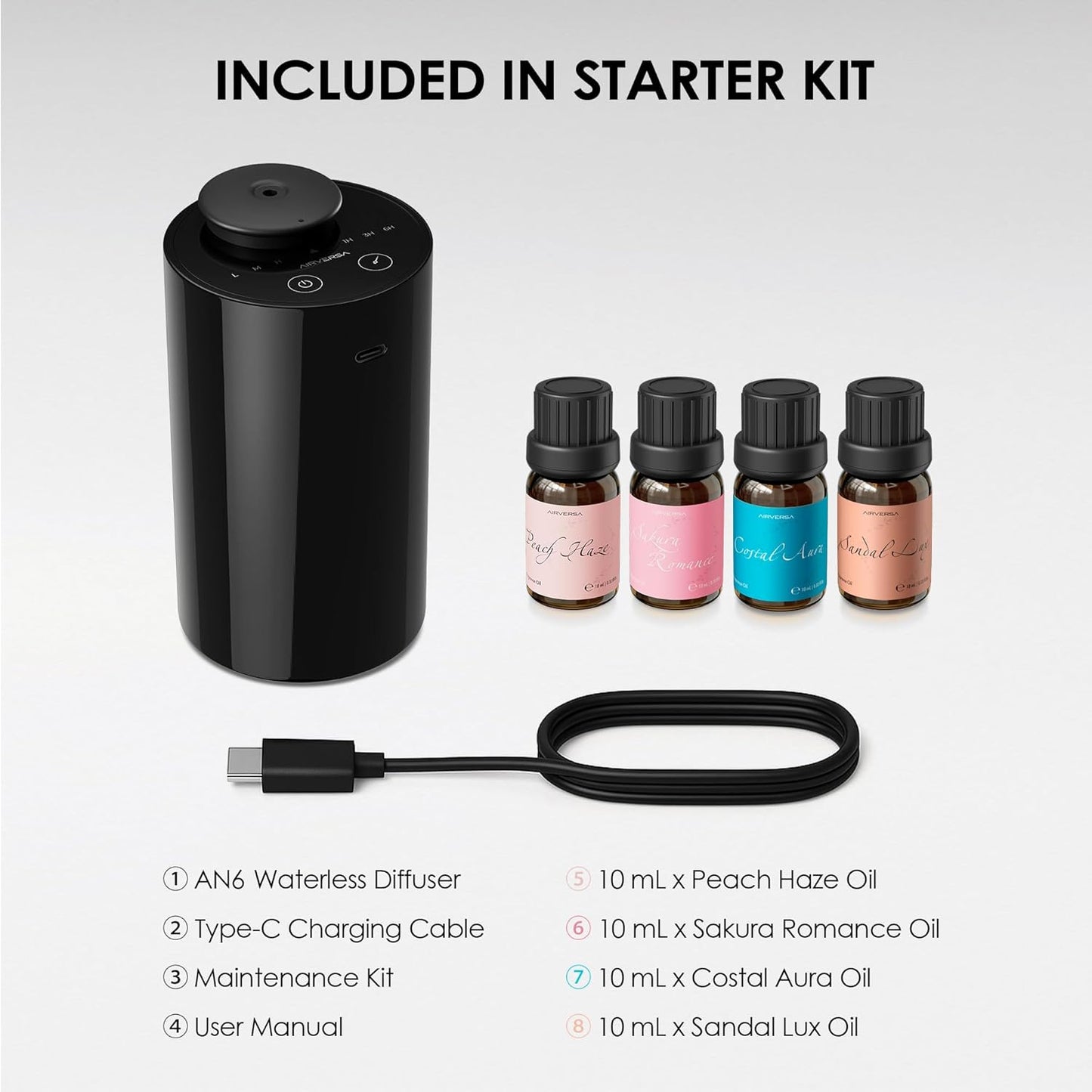 Airversa Waterless Essential Oil Diffuser Starter Kit with 4 x 10mL Fragrance Scent Oil, Battery Operated Mini Scent Air Machine Portable Diffuser for Home Car Office, AN6 Black Kit01
