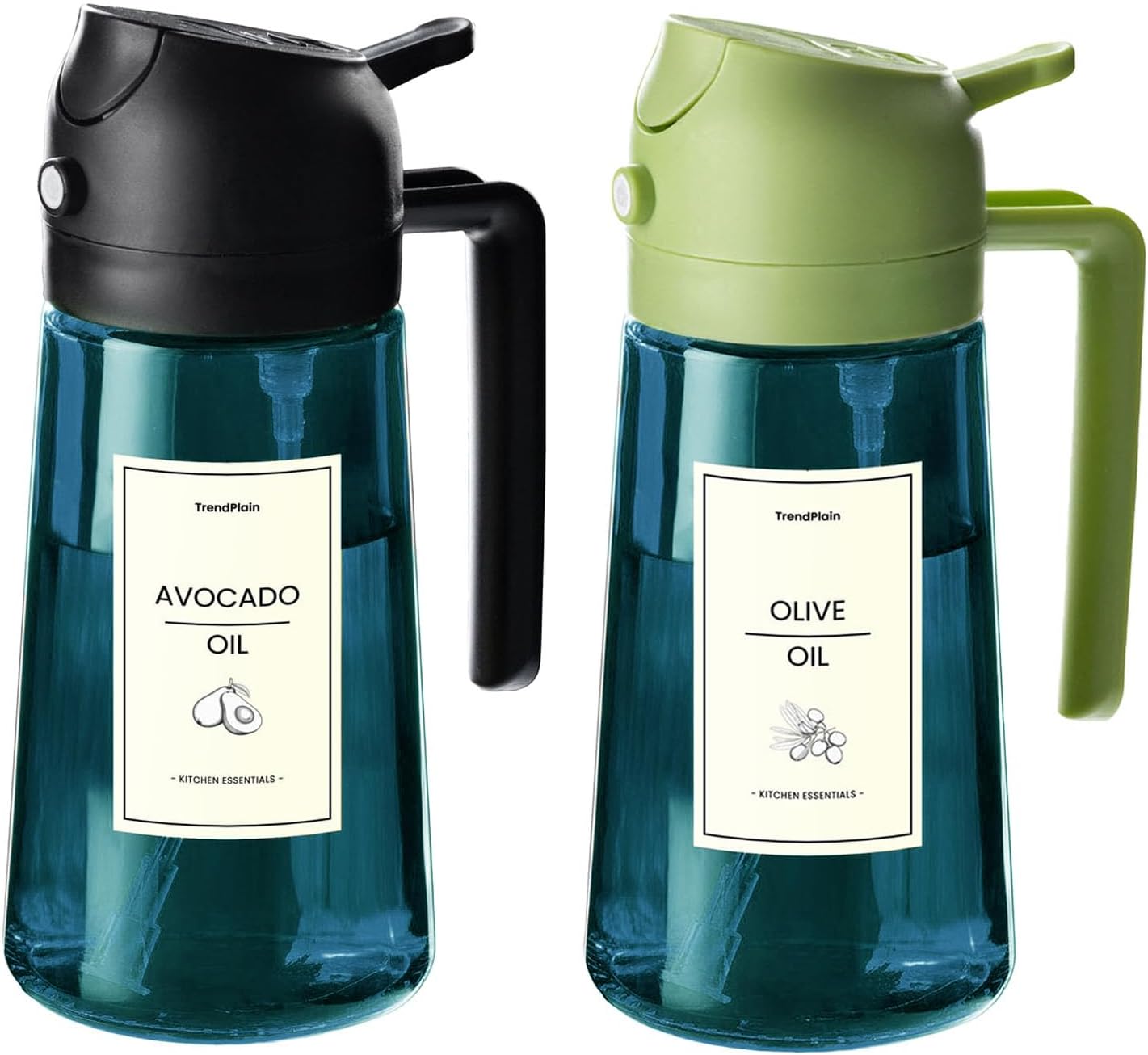 TrendPlain 16oz/470ml Blue Glass Olive Oil Sprayer for Cooking - 2 in 1 Olive Oil Dispenser for Kitchen Gadgets, Air Fryer, Salad, and BBQ - Black & Green