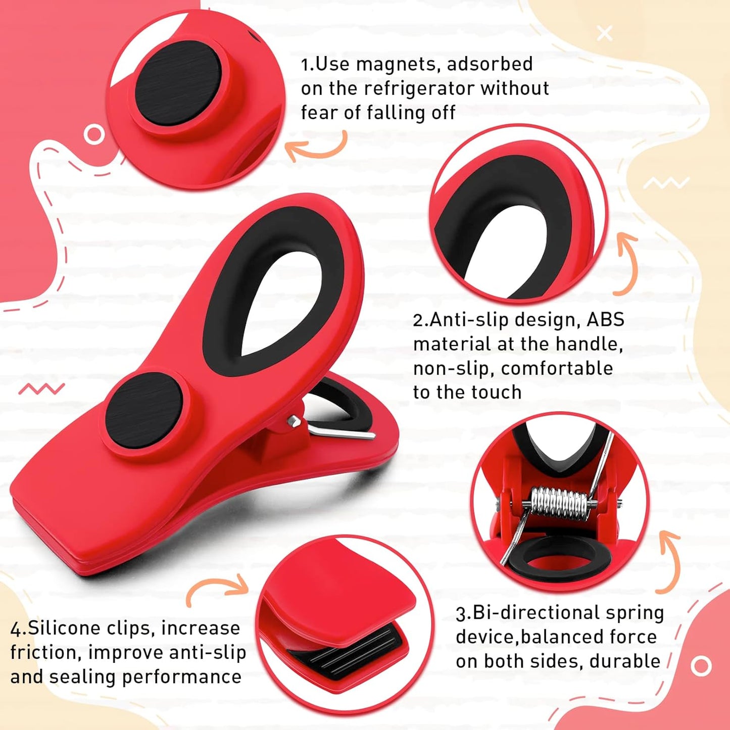 FINDMAG 12 Pack Chip Clips, Red Magnetic Bag Clip for Food Packages, Airtight Clips with Handle Durable Bag Sealers for Metal Surface, Garden, Fridge, Potatoes, Bread, Kitchen