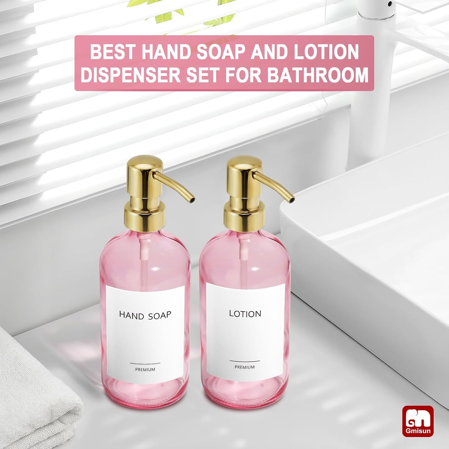 GMISUN Pink Soap Dispenser Bathroom, 2 Pack Kitchen Hand and Dish Soap Dispensers Set, 17 Fl Oz Pink Glass Soap Dispenser with Gold Pump, Refillable Modern Farmhouse Liquid Soap Pump Bottles