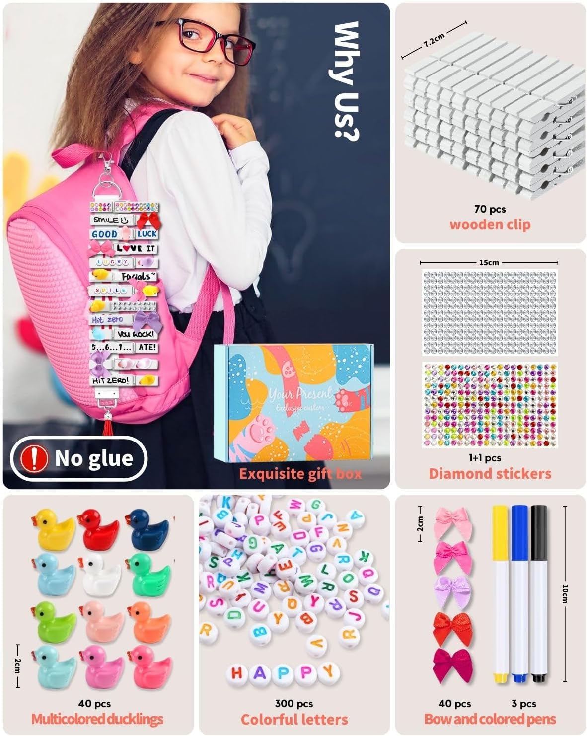 Cheer Pins for Backpack Cheer Stuff Kit 70 White Colored Clothes Pins with Mini Resin Ducks Bows Letter Beads Team Cheerleaders Gifts Bulk Pin Me Ribbon for Bag Decorations Competition Spirit Clips