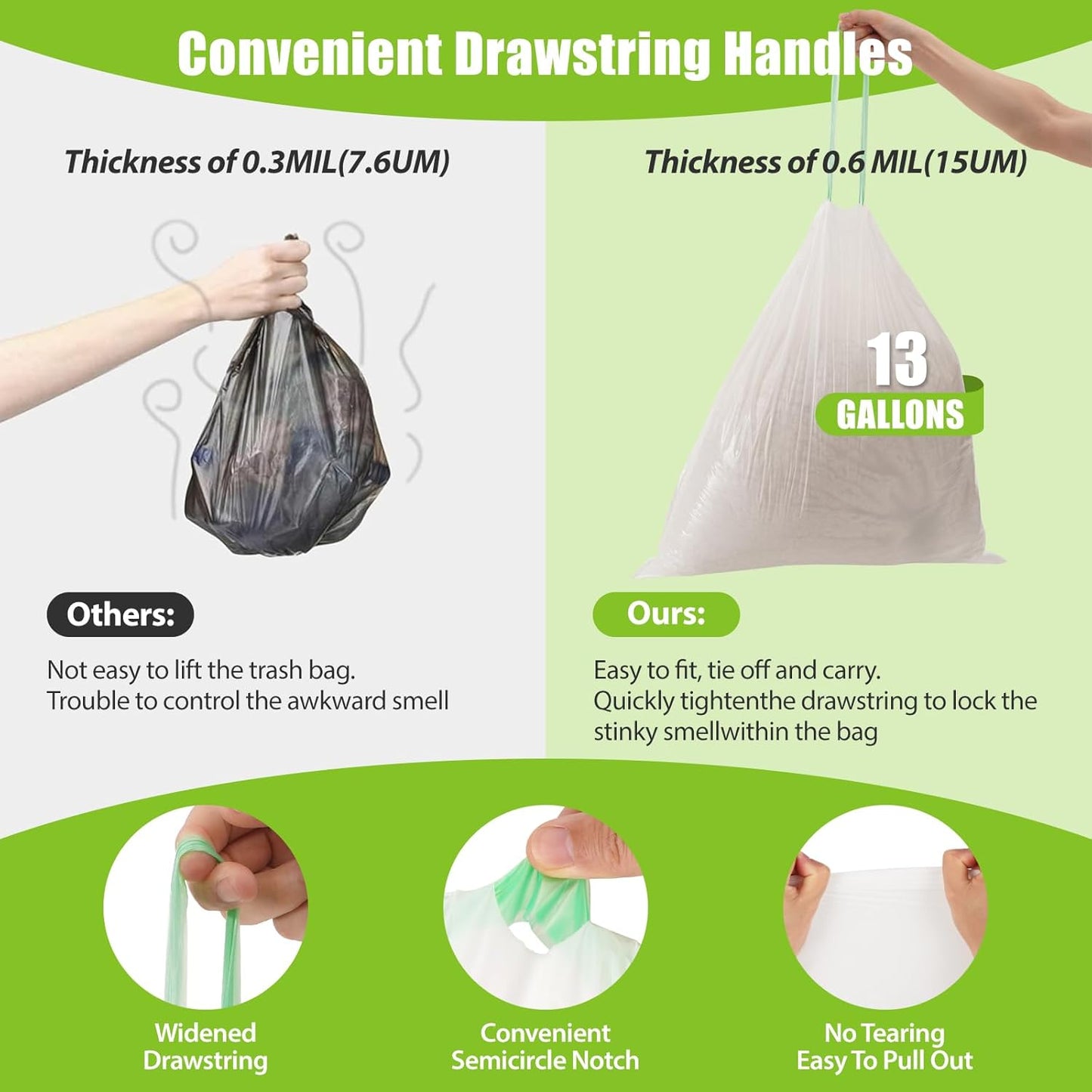 Large Trash Bag 13 Gallon Tall Drawstring 100% Post-Consumer Recycled Garbage Bag Waste Bag for Kitchen Office 0.6 Mil (200 Count)