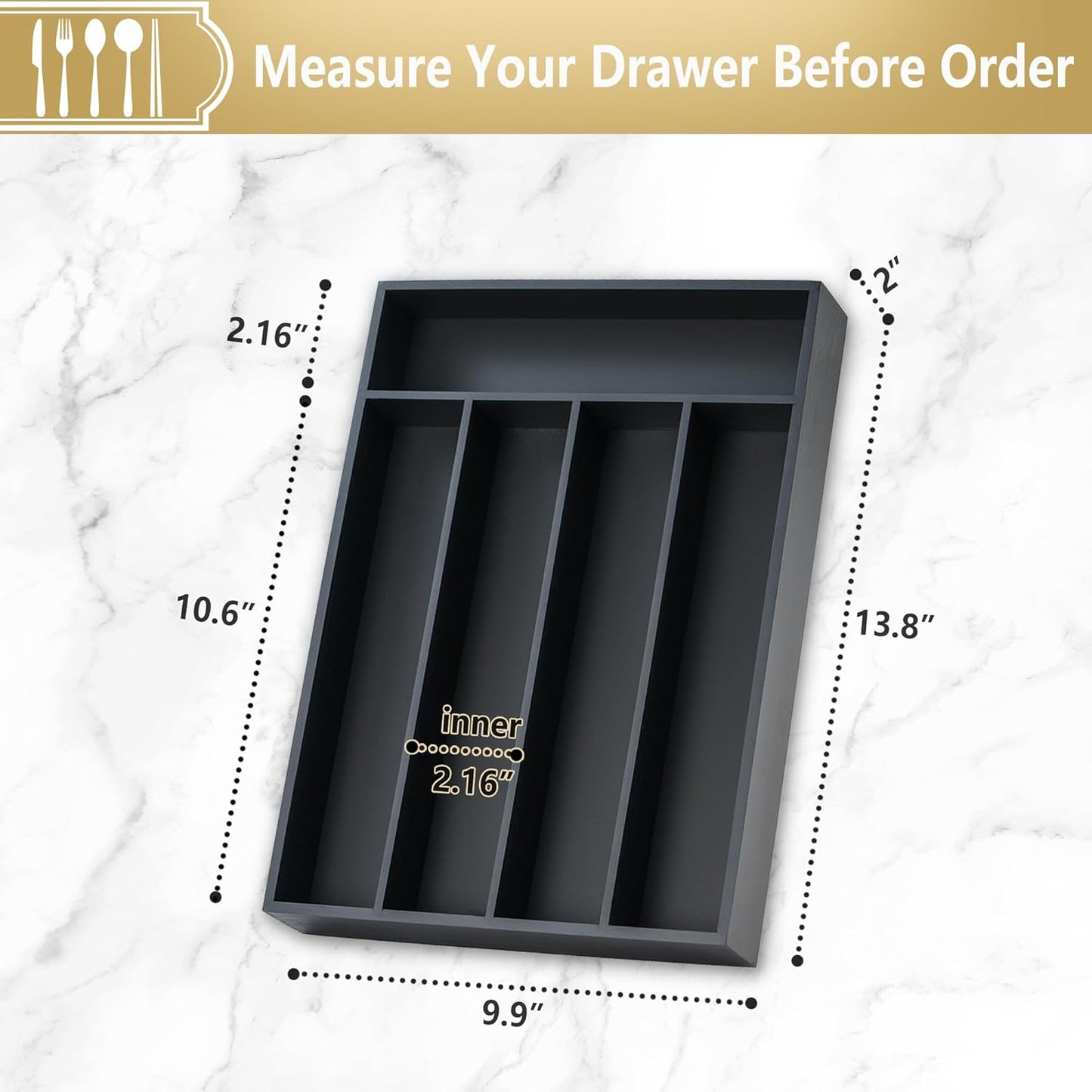 Silverware Organizer, 10 Inch Utensil Organizer Kitchen Drawer Organizer Bamboo Silverware Holder Cutlery Tray Organizer in Drawer Flatware Organizer Tray(5 slots, Black）