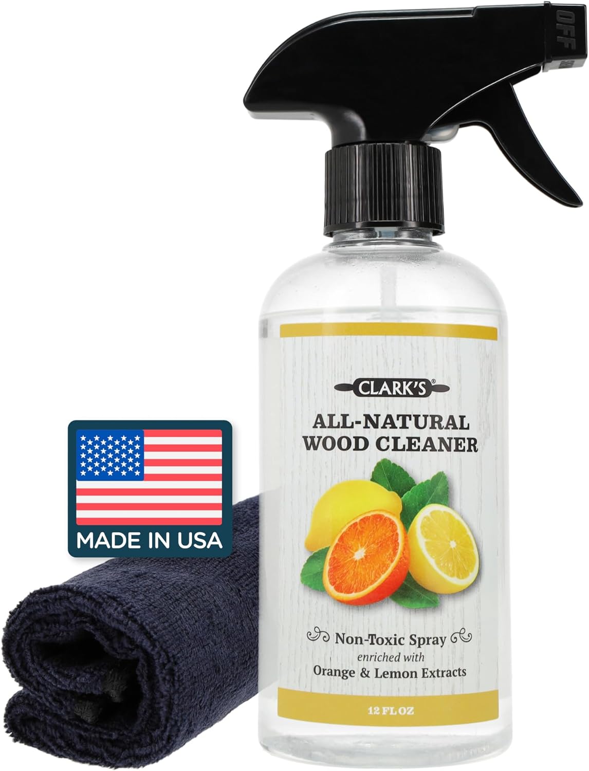 CLARK'S Natural Cutting Board Spray Cleaner, with Microfiber Cloth, for Wood Countertop – Pure Ingredients Filtered Water, Distilled Vinegar, Castile Soap, Lemon & Orange Citrus Oil Extracts, 12oz