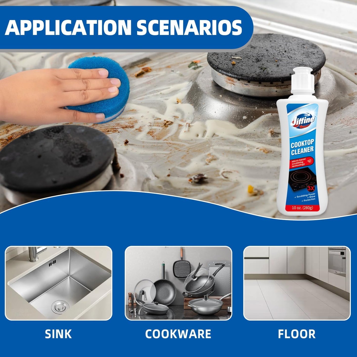 Glass Cooktop Cleaner Kit & Polish - 10 oz Stove Top Cleaner with Scrubbing Pad, Scraper & Microfiber Cloth - Removes Burnt-On Food, Tough Stains, No Scratches, Streak-Free Shine