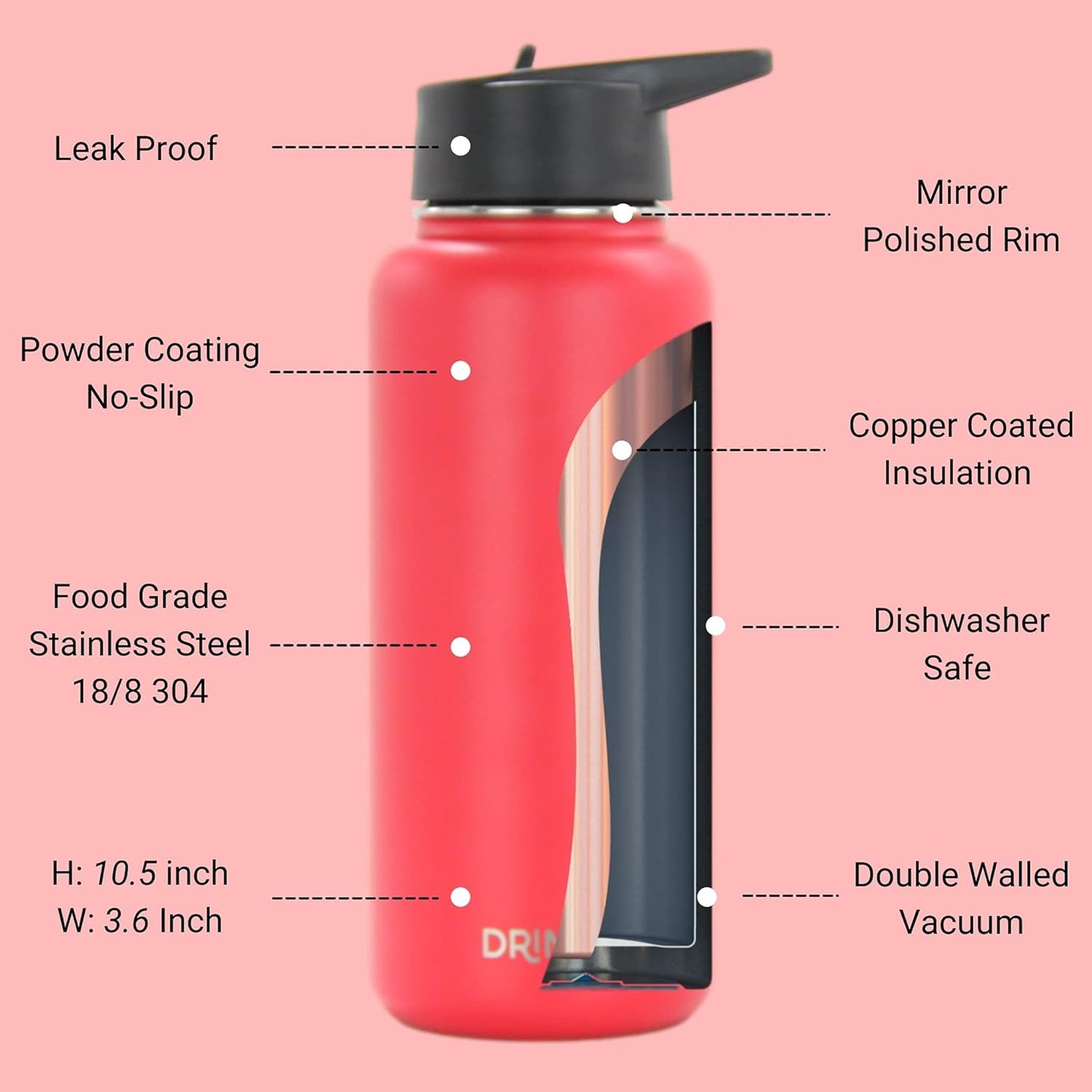 DRINCO Stainless Steel Water Bottle Spout Lid Vacuum Insulated Double Wall Water Bottle Wide Mouth (40oz 32oz 22oz 18oz 14oz) Leak Proof Keeps Cold or Hot (32 oz, 32oz Barn Red)