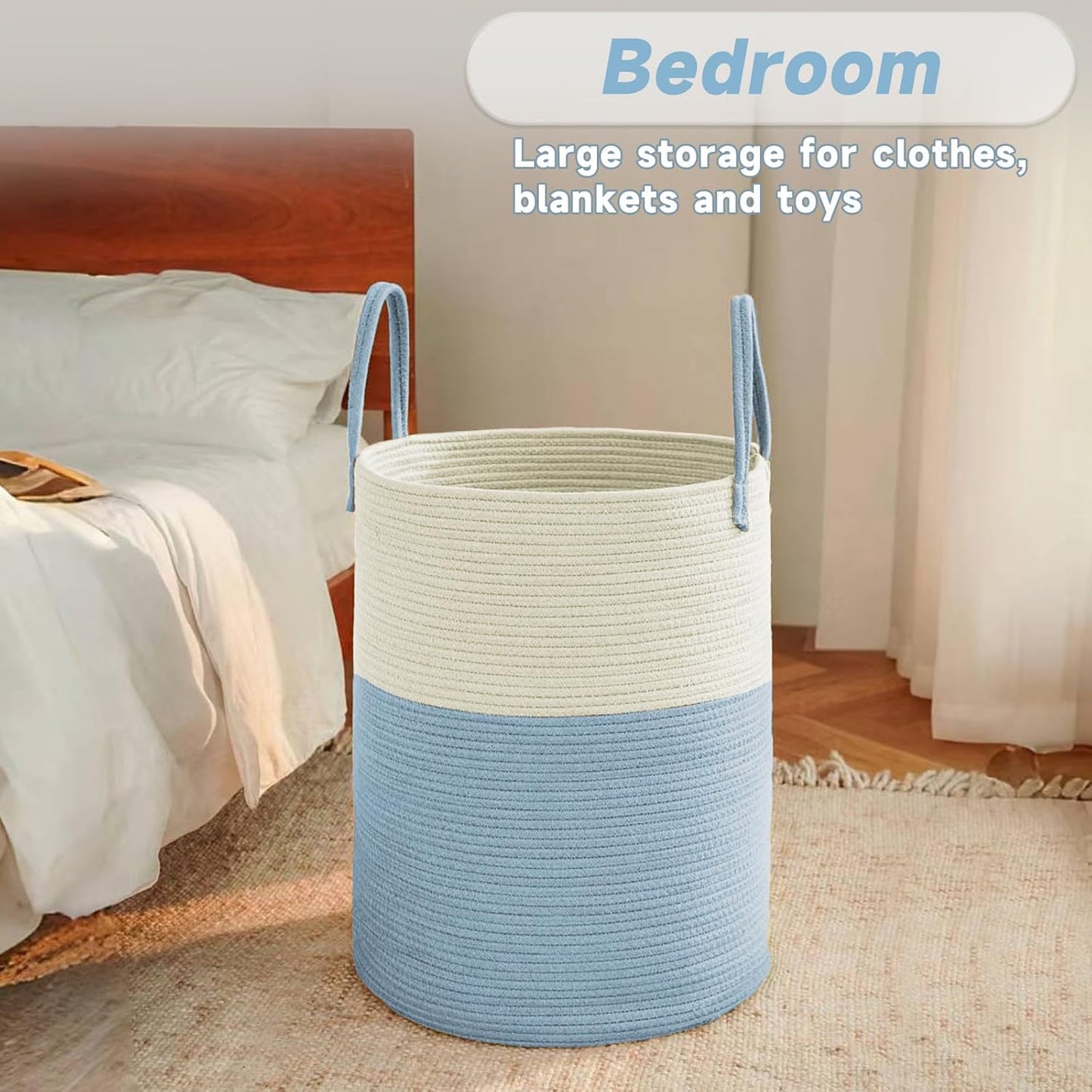 Large Woven Laundry Basket Hamper,80L Cotton Rope Storage Bin for Blankets,Toys and Clothes,Decorative Tall Nursery Hamper for Living Room,Baby Nursery,Bathroom and Bedroom,White and Blue