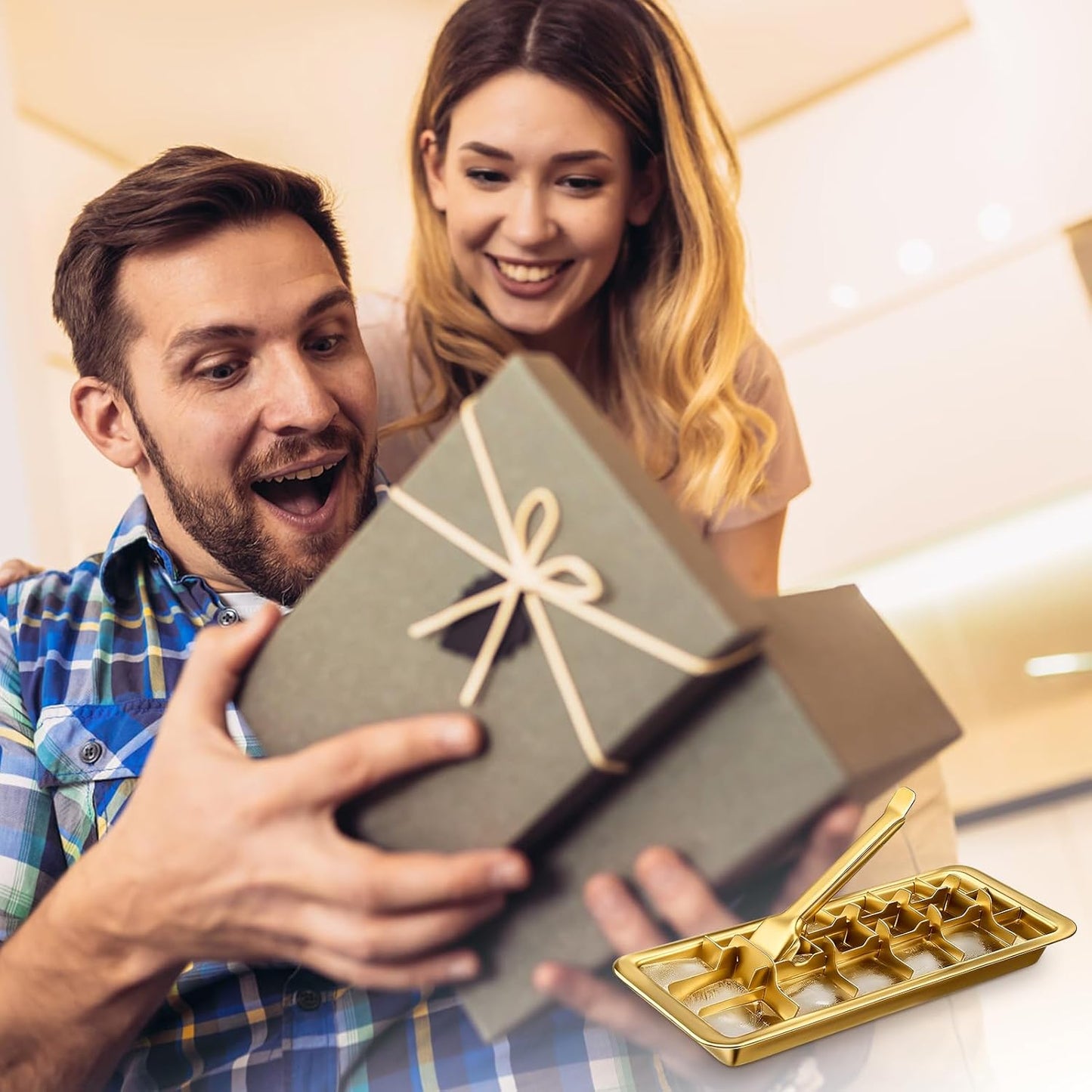 Professional Ice Cube Tray Gold-color, 18-Slot Stainless Steel, Heavy Duty Metal Freezer Mold with Lever Release, Bar & Kitchen Use, Send Goods from Local Warehouse