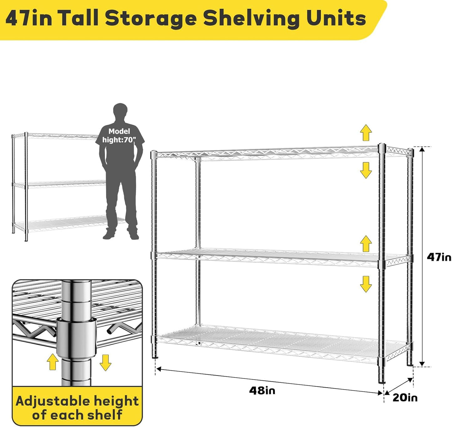 Storage Shelves, 4 PCS 48" L x 20" W x 47" H Heavy Duty Garage Wire Shelving Unit Loads 1200LBS, 3-tier Adjustable Metal Industrial Utility Shelf Rack for Kitchen, Laundry Room, Basement