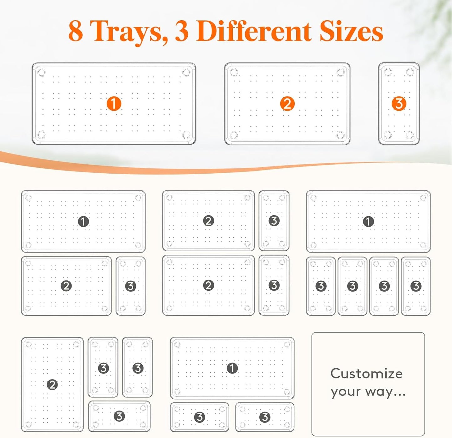 Lifewit 8 Pcs Large Bathroom Drawer Organizers, 3 Sizes Clear Plastic Storage Organizer Trays for Make Up, Kitchen Utensils, Vanity Accessories in Bathroom/Office/Dresser Organization