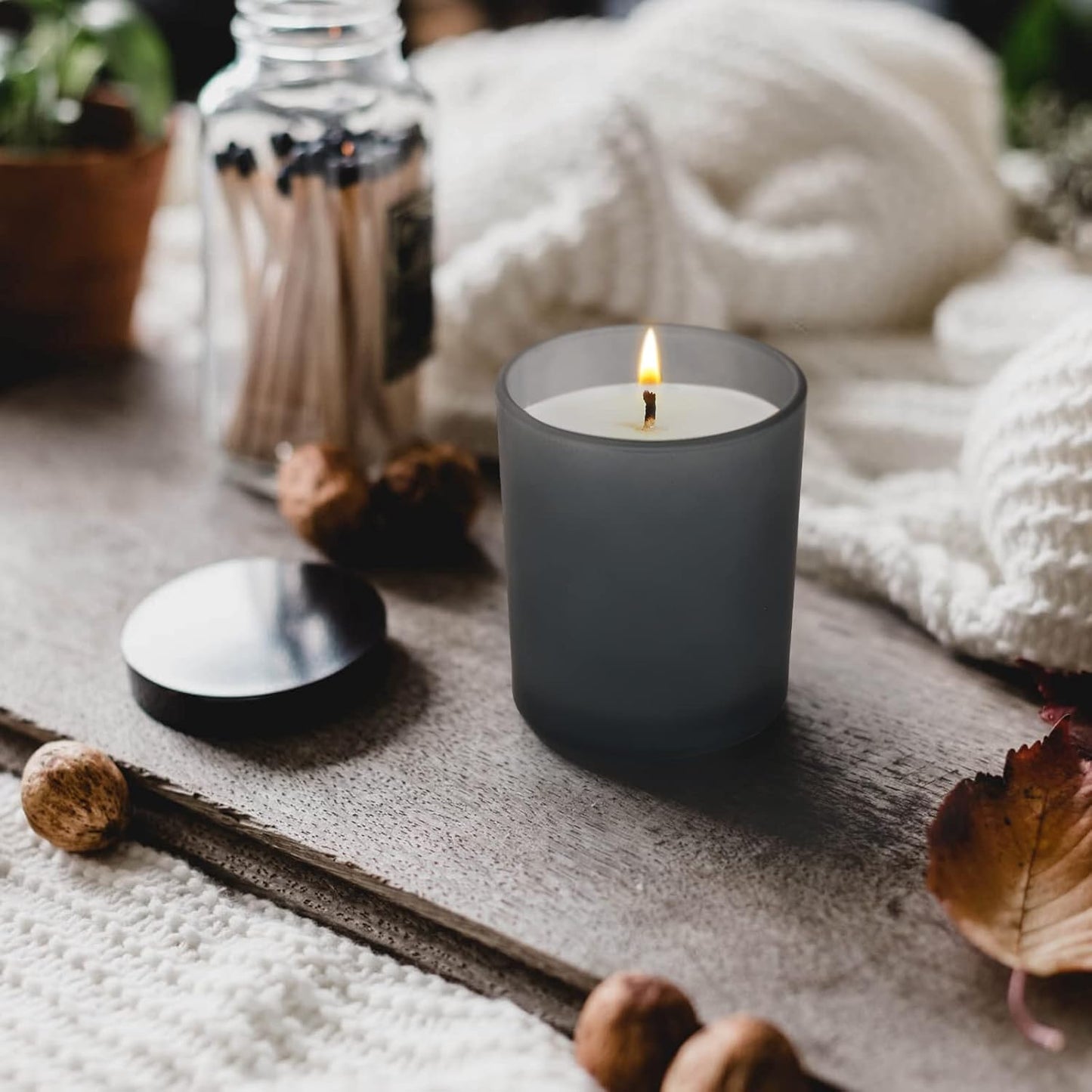 Thick Candle Jars for Making Candles 12 Pcs, 7 OZ Empty Jars with Wood Lids for Candle Making, Sample Container, Frosted Grey