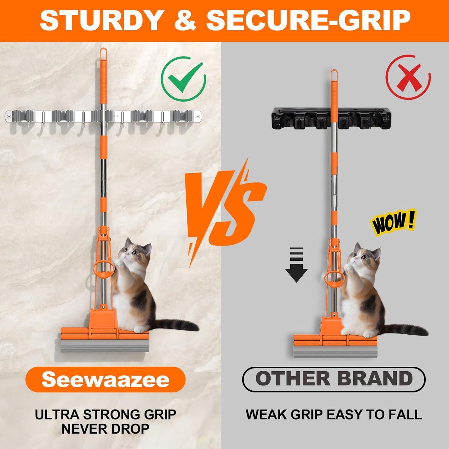 Broom Holder Wall Mount, Mop and Broom Organizer Broom Hanger Storage Tool Utility Racks Stainless Steel Wall Hooks Solid Mop Rack for Home Kitchen Garden Laundry Garage (5 Racks 4 Hooks)